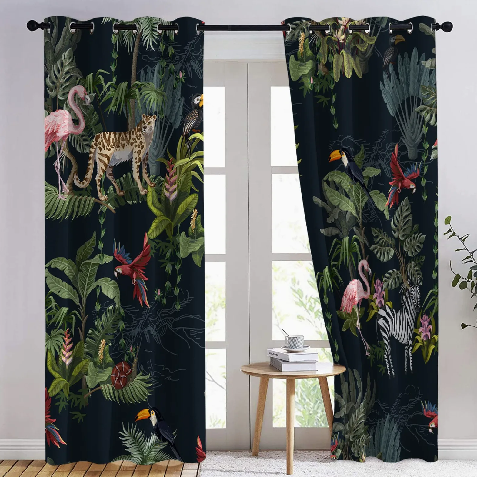 Rideau Occultant, Motif Animaux Jungle Tropical - Rideaux Thermiques Imprimé pour Salon Chambre Fenetre, Lot de 2 Rideaux et Draperies Intérieurs à Oeillets, 110x215 cm (L x H)
