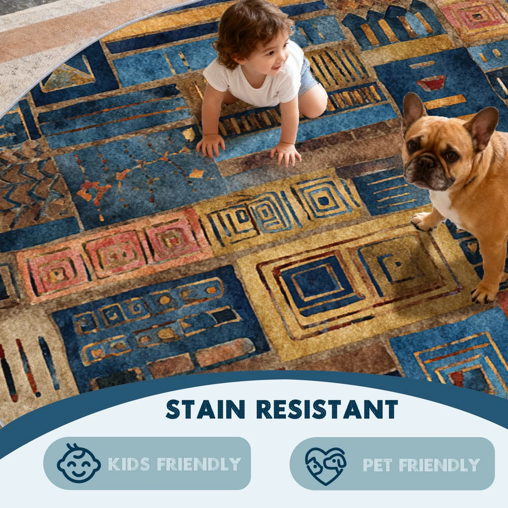 Tapis Rond Marocain Salon Chambre 100 cm de Diamètre | Motif Afrique Bleu Jaune, Antidérapant, Lavable, Poil Ras, Doux Carpet, Decoration, Moquette, Paillassons