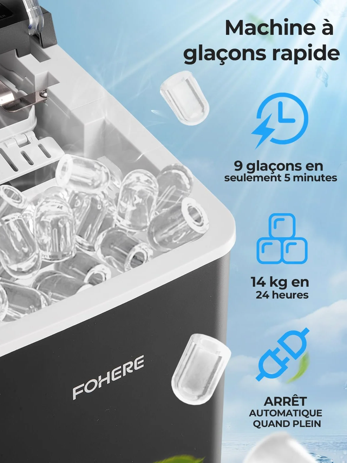 FOHERE Machine à Glaçons Portable, 14kg/24h, 9 Glaçons Bullet en 5 Min, 2 Tailles, Auto-Nettoyante