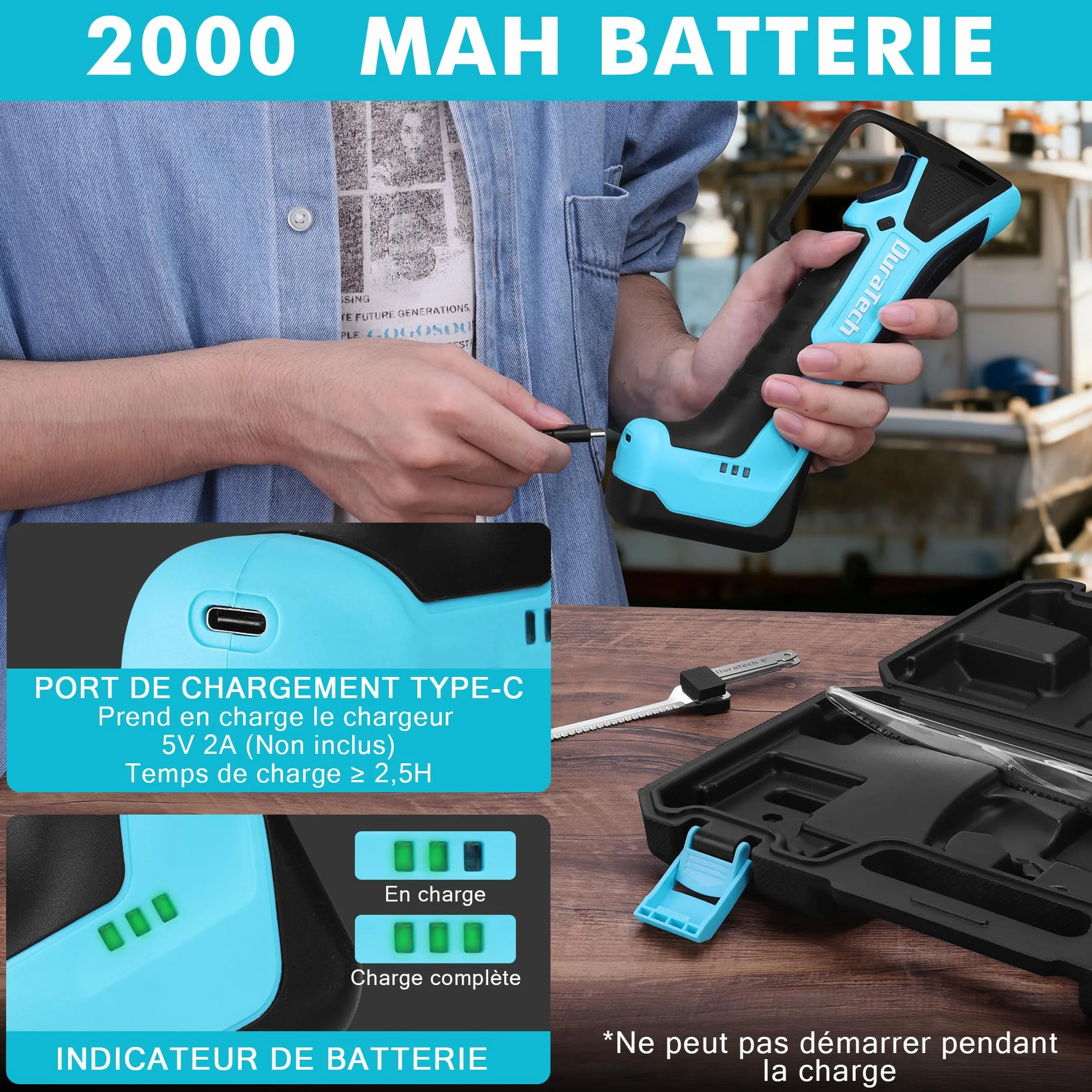 DURATECH Couteau à Filet Électrique sans Fil Rechargeable 2 Lames 20cm/25cm Poignée Antidérapante Verrou de Sécurité LED