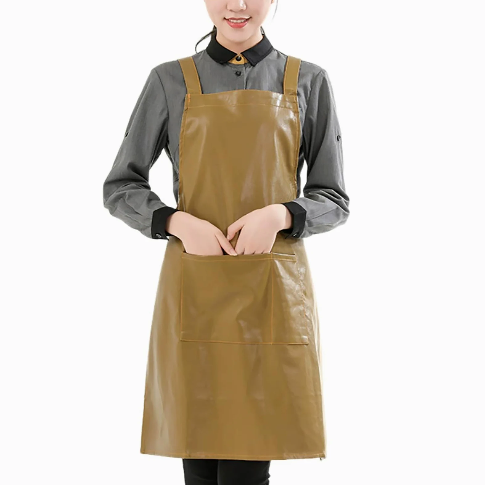 Tablier de cuisine en cuir imperméable avec poches pour la pâtisserie, la cuisine, la pâtisserie, le travail, le jardinage