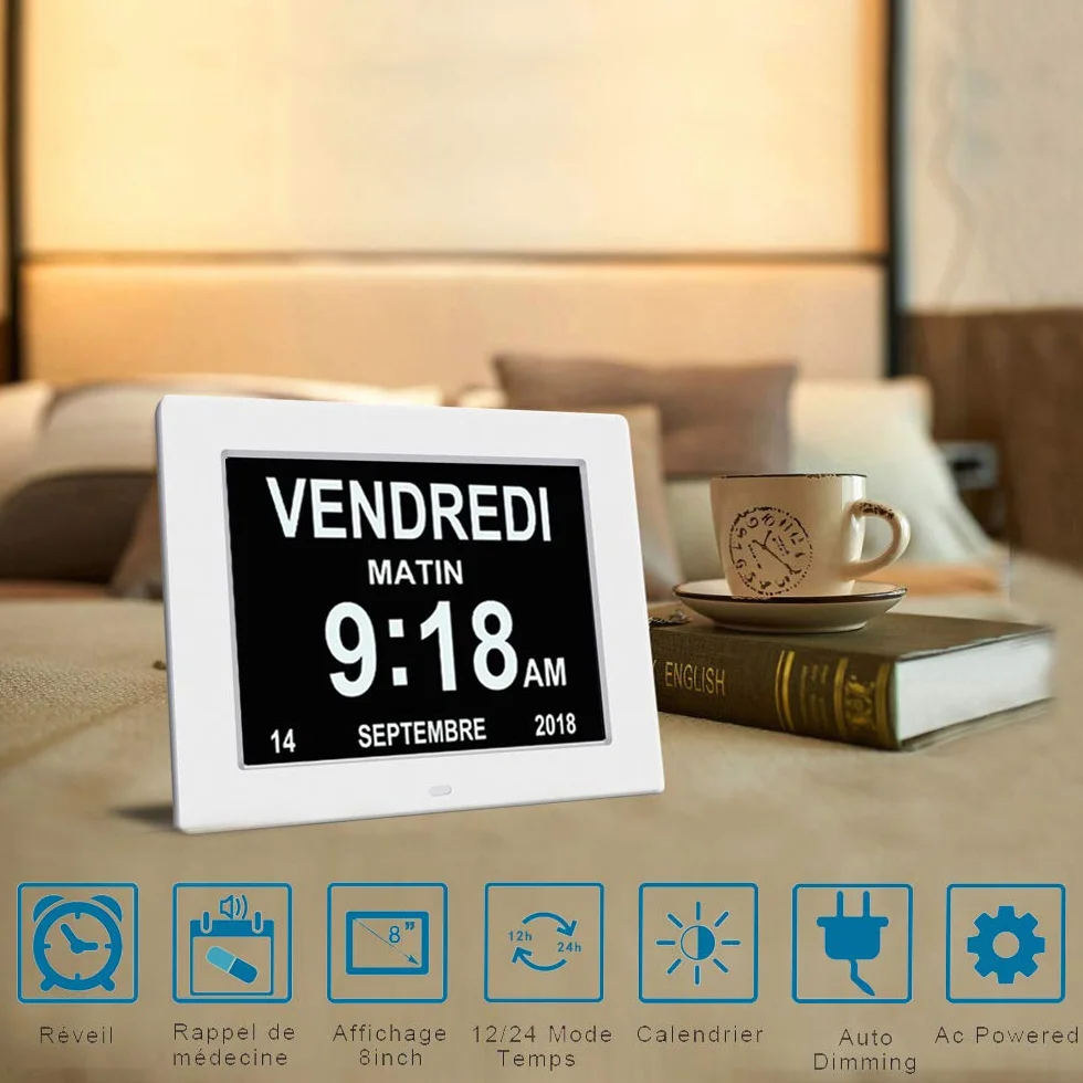 LCD Horloge Numérique 8" Calendrier Date Jour Heure Alzheimer Senior Blanc