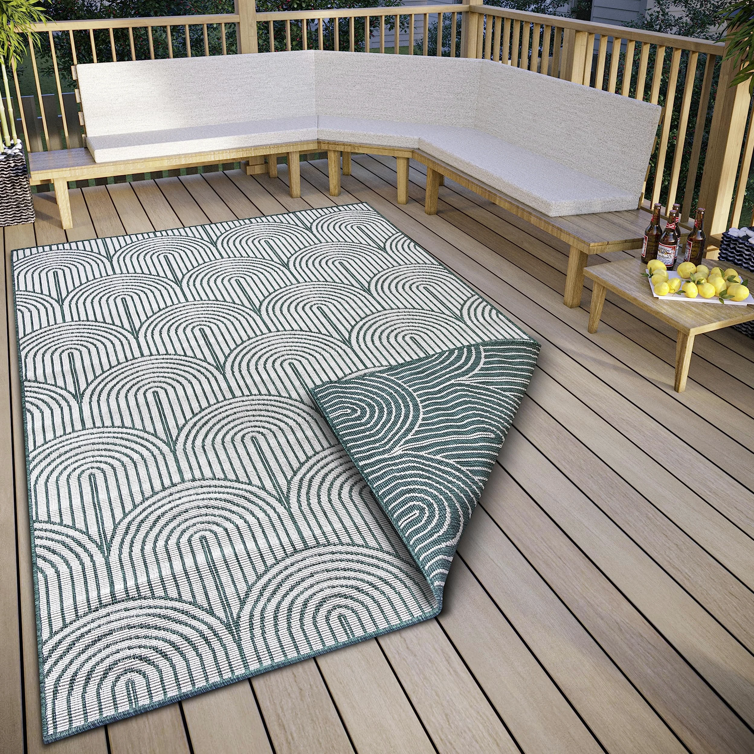 Hanse Home Pangli Tapis d'extérieur résistant aux intempéries, réversible, style scandinave, bohème, imperméable, couleur unie, géométrique, effet 3D, pour jardin, balcon, terrasse, salon, vert, 120 x