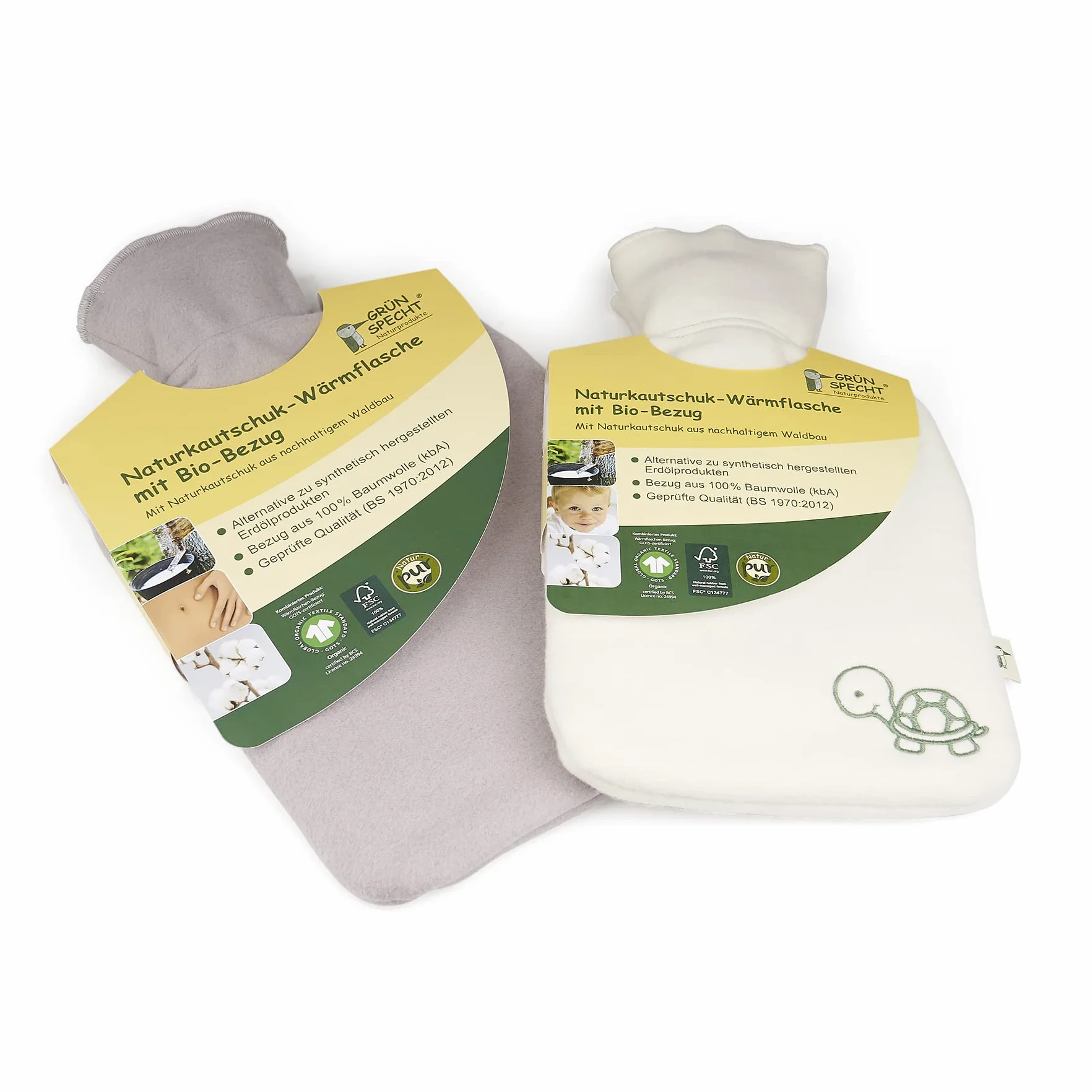 GRÜNSPECHT Bouillotte en caoutchouc naturel avec housse blanche bio 100% coton GOTS