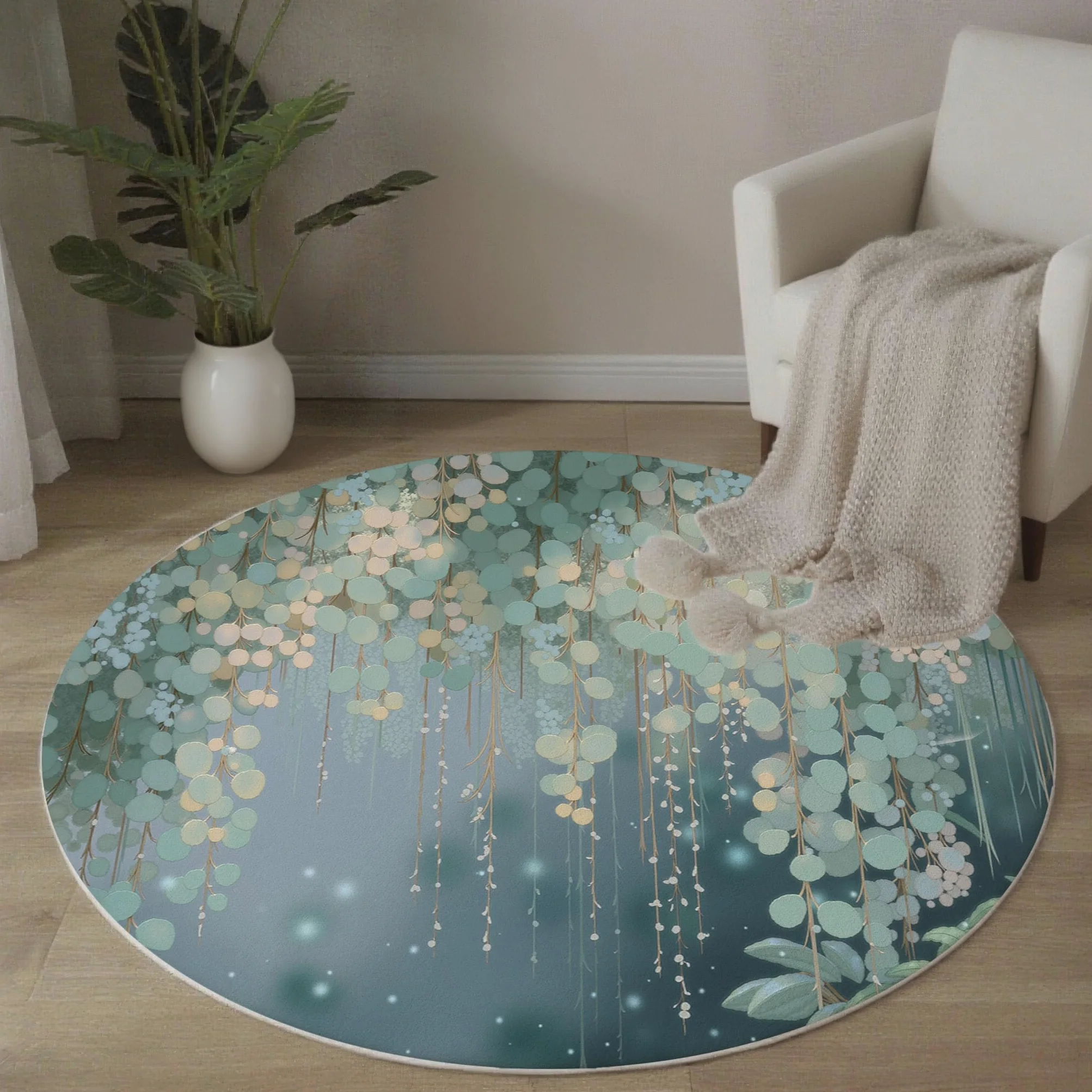 Tapis Rond Feuilles D'Eucalyptus Aquarelle 100 Cm, Lavable En Machine Pour Salon, Ne Perd Pas Ses Poils, Antidérapant | Tapis Esthétique Végétale Pour Chambre À Coucher Chambre D'Enfant, Vert Foncé