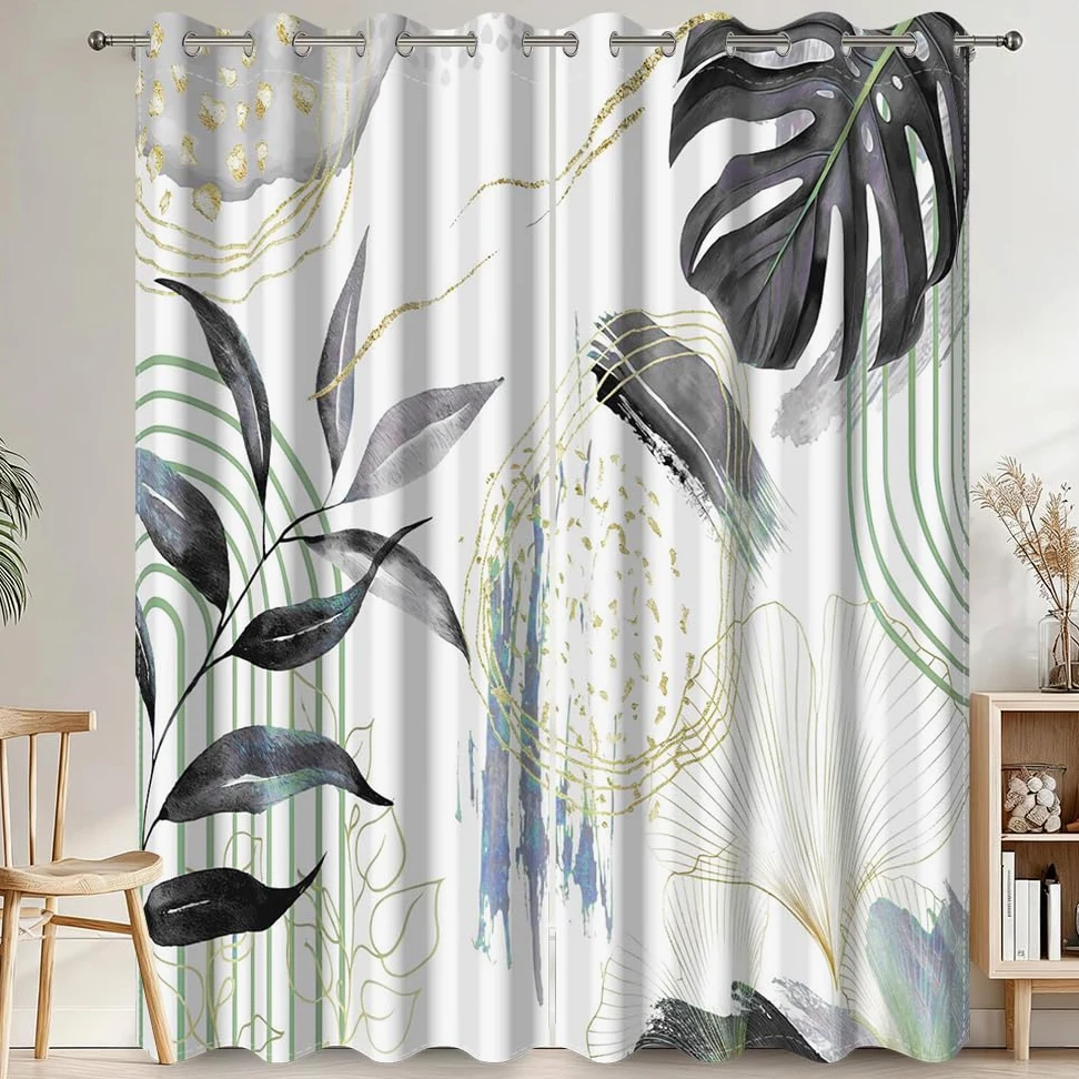 Rideaux Occultant Noir, Rideaux Occultant Tropical Boheme Feuilles de Palmier Rideau Thermiques Isolants Anti Froid et Chaleur Rideau à Oeillets pour Chambre Fenêtre, Lot de 2, 140x200cm