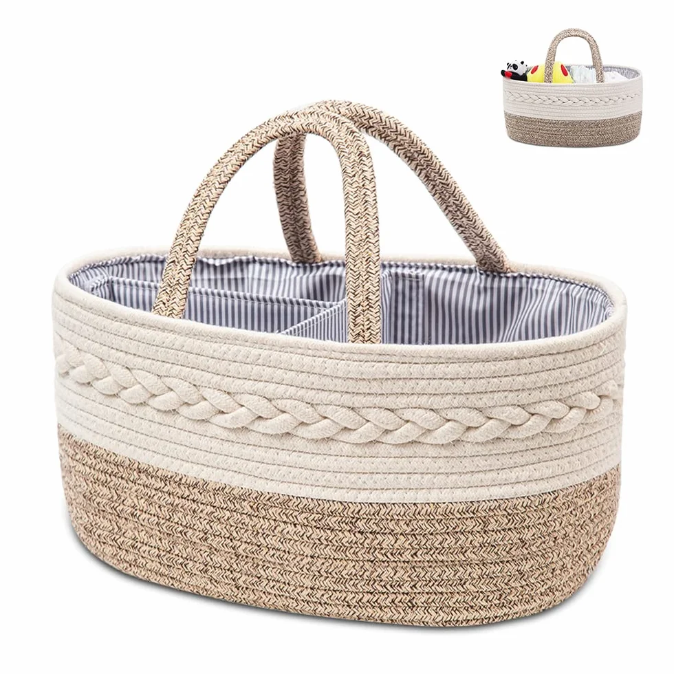YEONHWA Boîte de rangement pour couches bébé, panier en coton corde tissée, poignée portable, beige