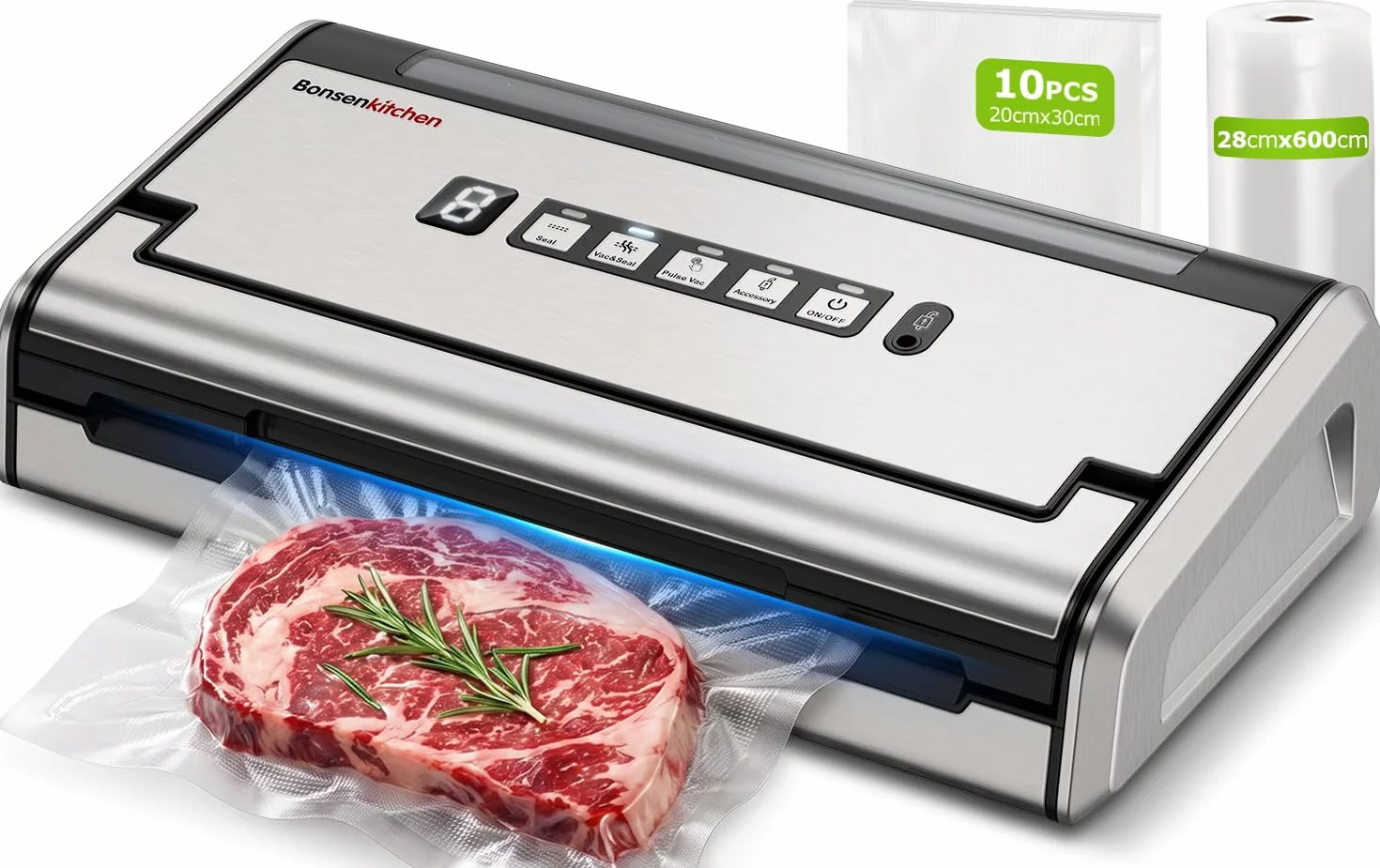 Bonsenkitchen Machine Sous Vide, 5mm Soudure Large Anti-Fuite, Acier Inoxydable, Une Main & Pulse Sec/Humide, VS4200