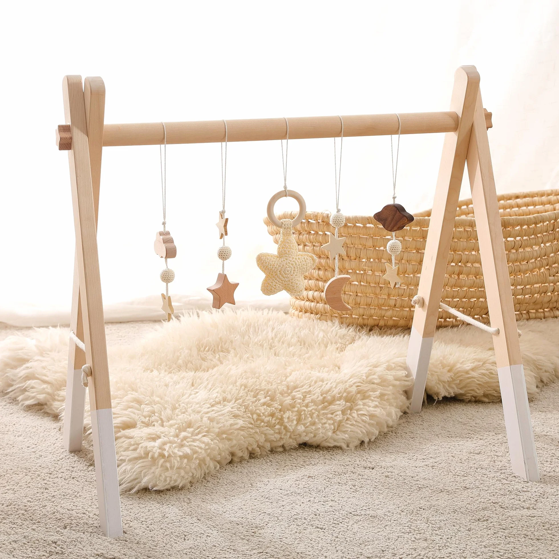 Arche de Jeu Bébé Bois Centre d'Activité Bébé Beige Etoiles Design Amovible