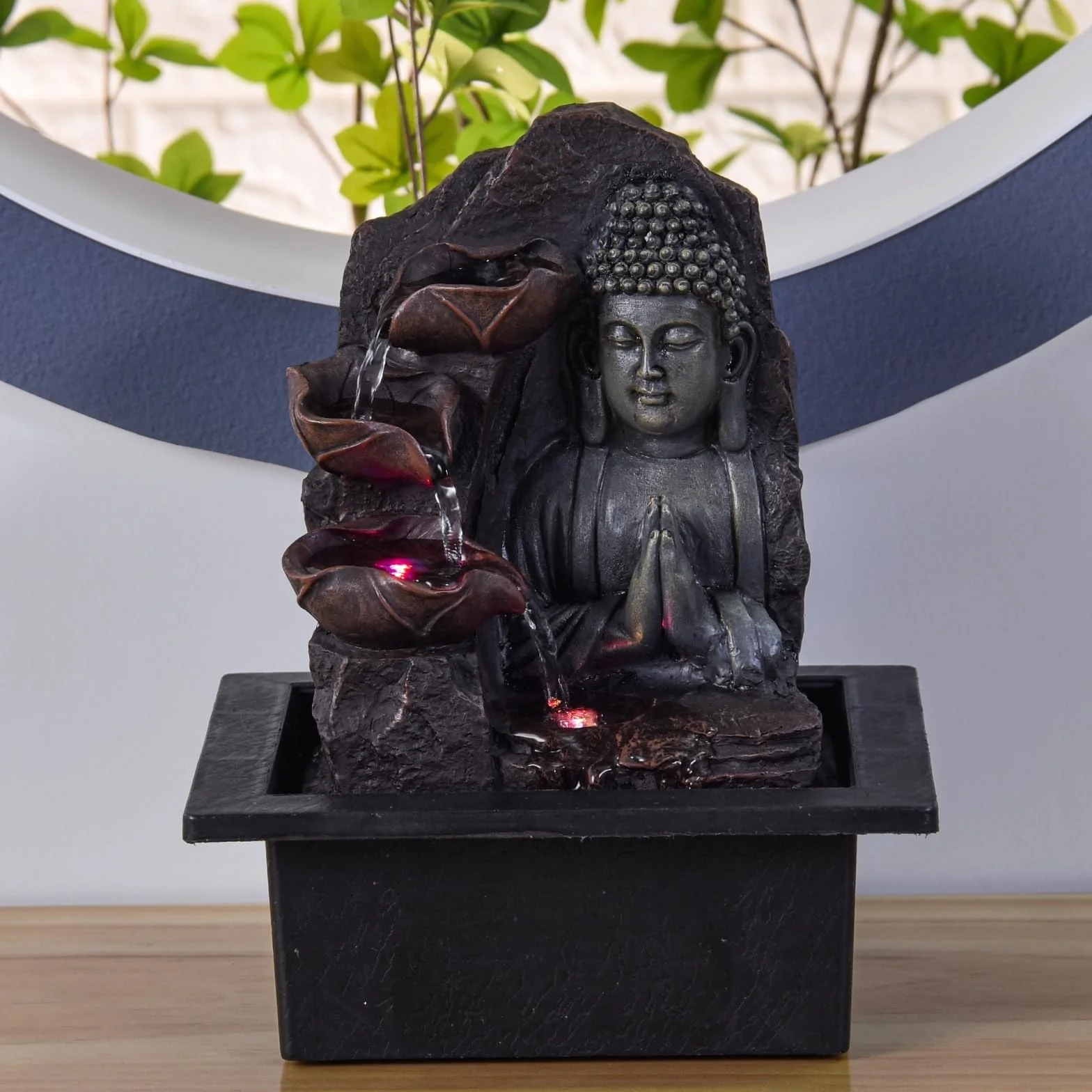 Fontaine d’Intérieur Cascade Bouddha Lotus LED Lumière Colorée Feng Shui 21 x 21 x 26 cm