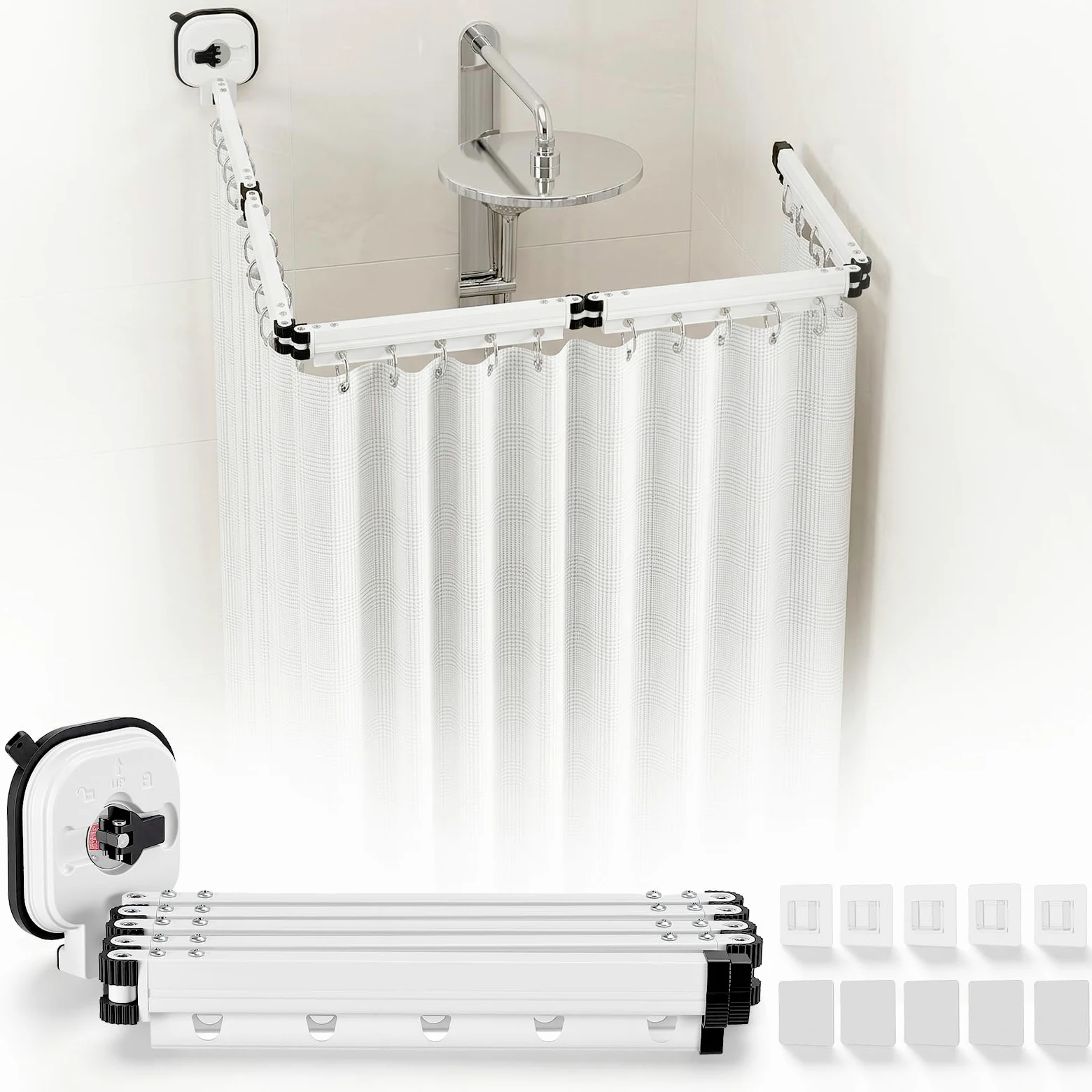 Rideau De Douche Sans Perçage,En Forme De L/U,5 Plis,190 cm | Ventouse Puissante,Tringle À Rideau De Douche Pliable Avec Ventouse,Tringle À Rideau De Douche Pour Douches D'Angle,Blanc