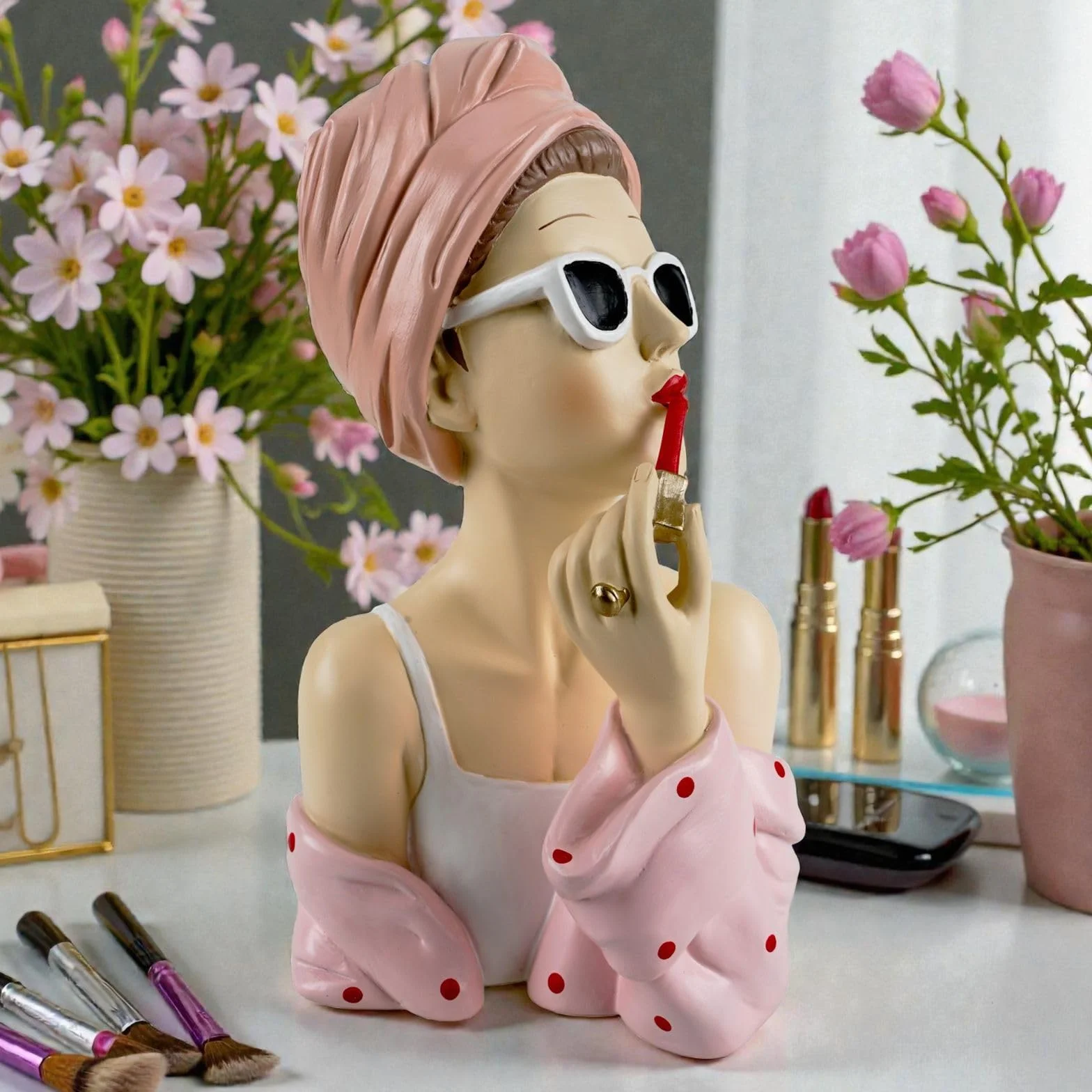 Formano Buste Décoratif Moderne pour Femme 27 cm Polyrésine Peinte à la Main Rose Blanc