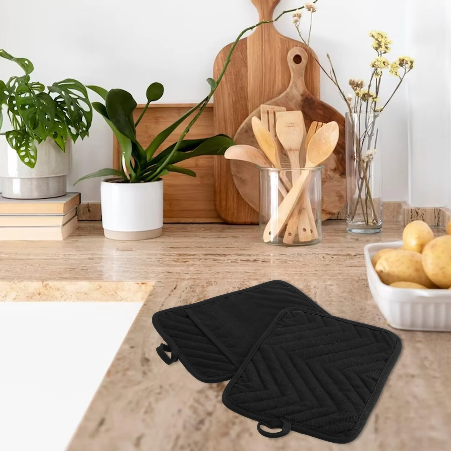 Sibba Maniques noires coton résistant chaleur dessous plat 17,8 x 22,9 cm grands sous-verres carrés cuisine pâtisserie