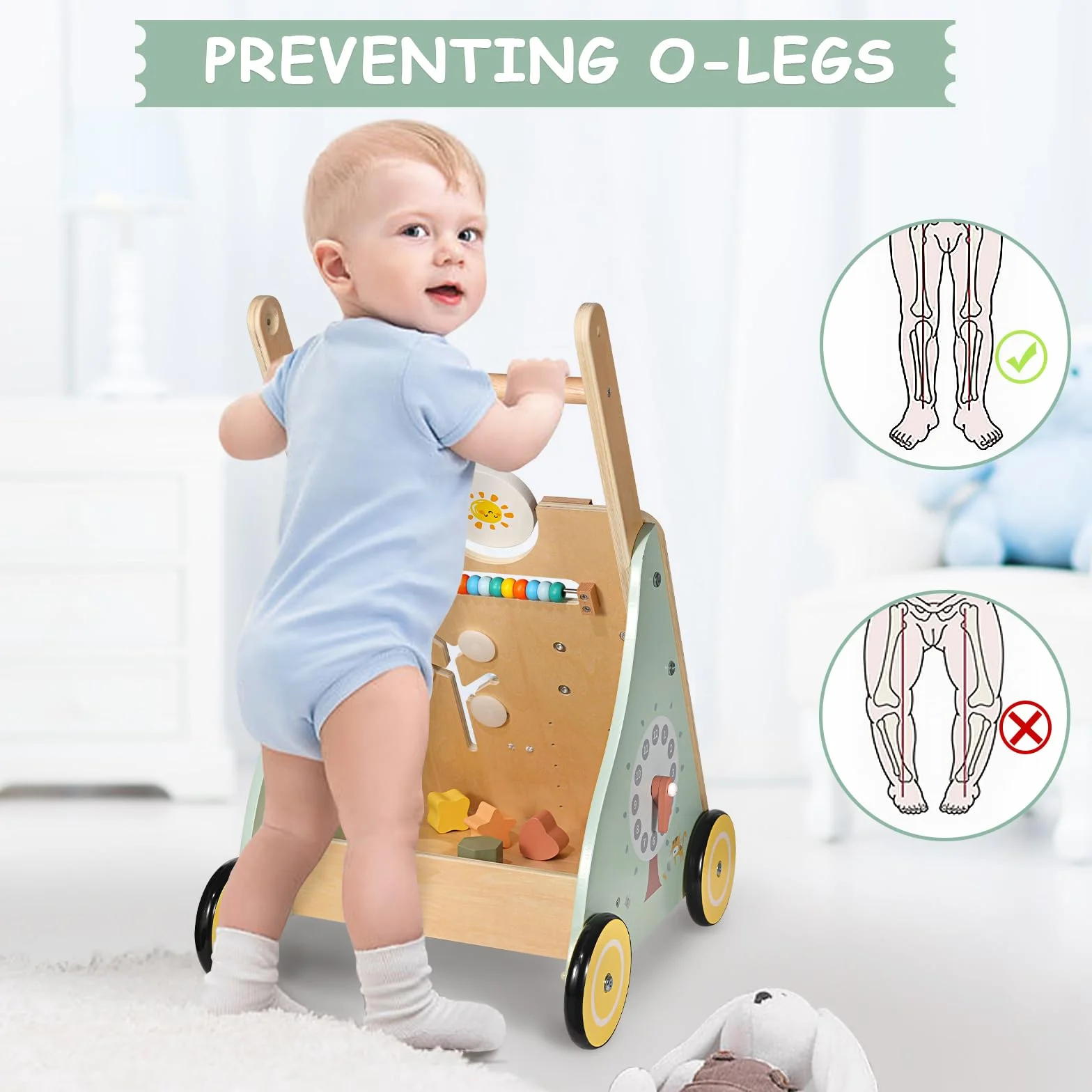 Trotteur Bébé en Bois, Chariot de Marche, Jouet Centre d'Activité pour Enfant