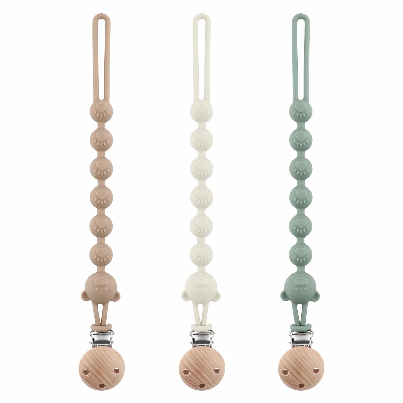 Attache Tétine Silicone Lot de 3, Chaîne Sucette Bébé sans BPA, Pacifier Clip (Gris Clair + Vert + Kaki)