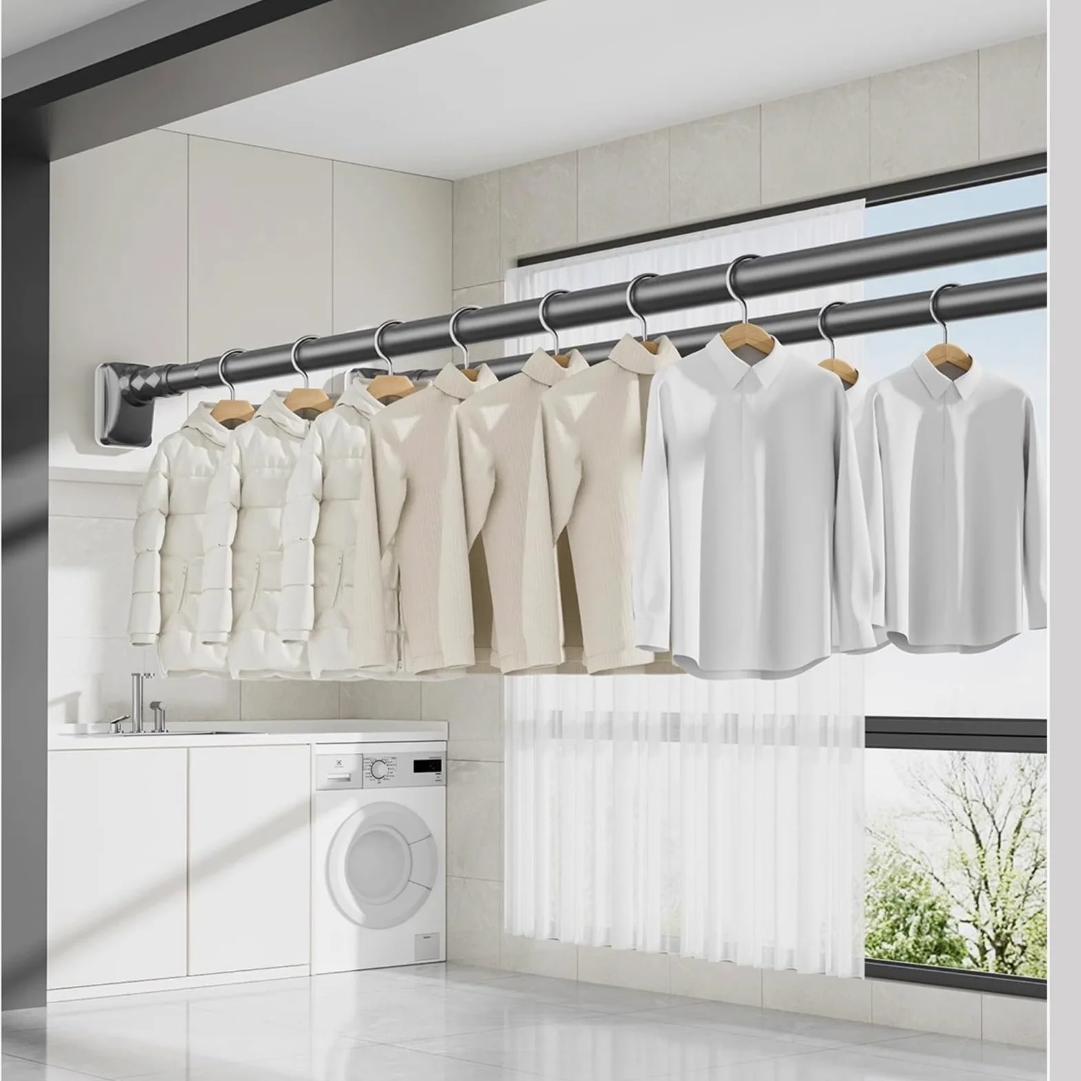 Tringle A Rideaux Extensible Sans Percage 210-300cm 360-450cm 410-500Cm Diamètre 33 Mm Tringle Rideau Extensible Barre Telescopique Pour Salle De Bain Fenêtre Porte, Penderie(Gris,210-300cm)