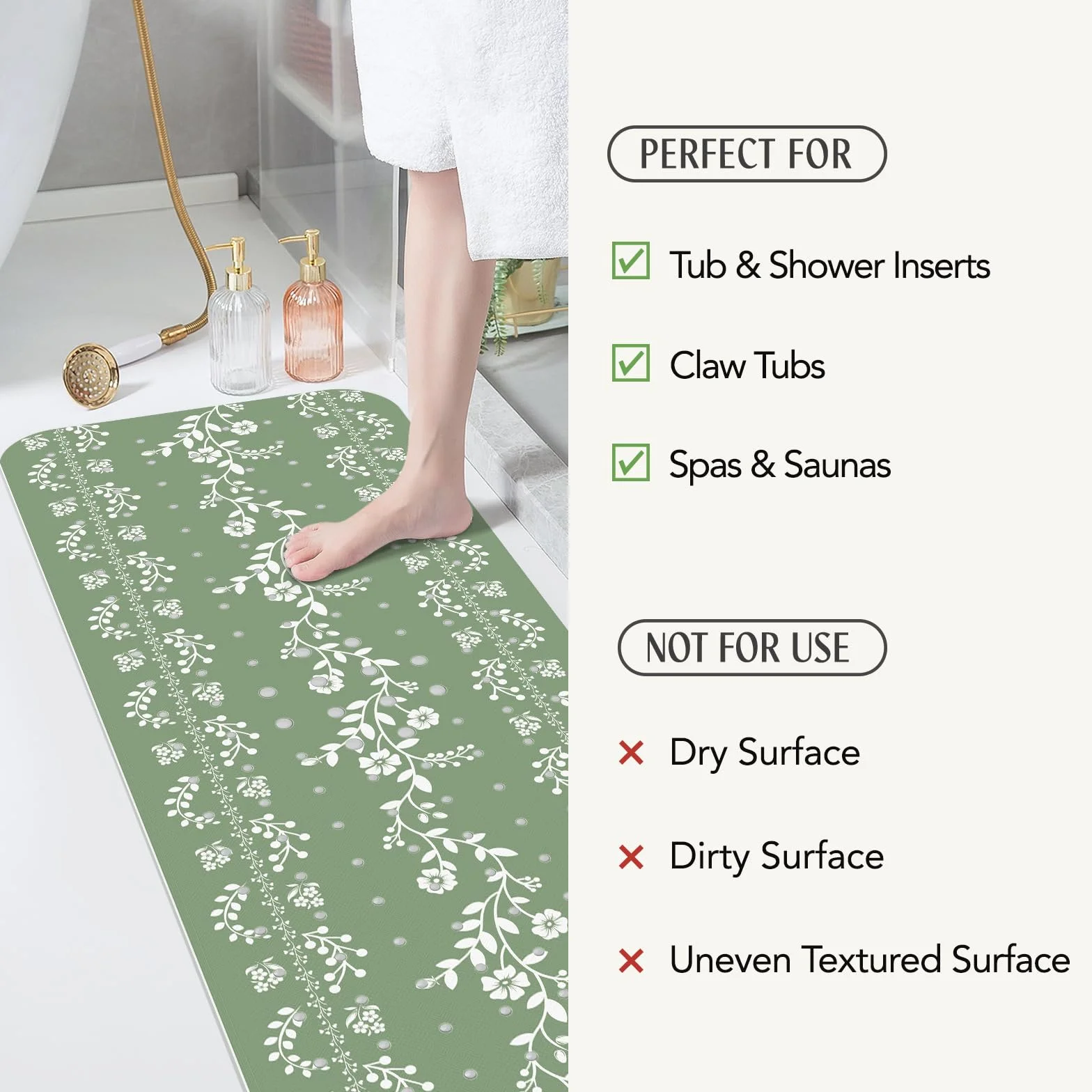 Tapis de Bain Antidérapant Vert Sauge 100 x 40 cm, Résistant à la Moisissure, Lavable en Machine
