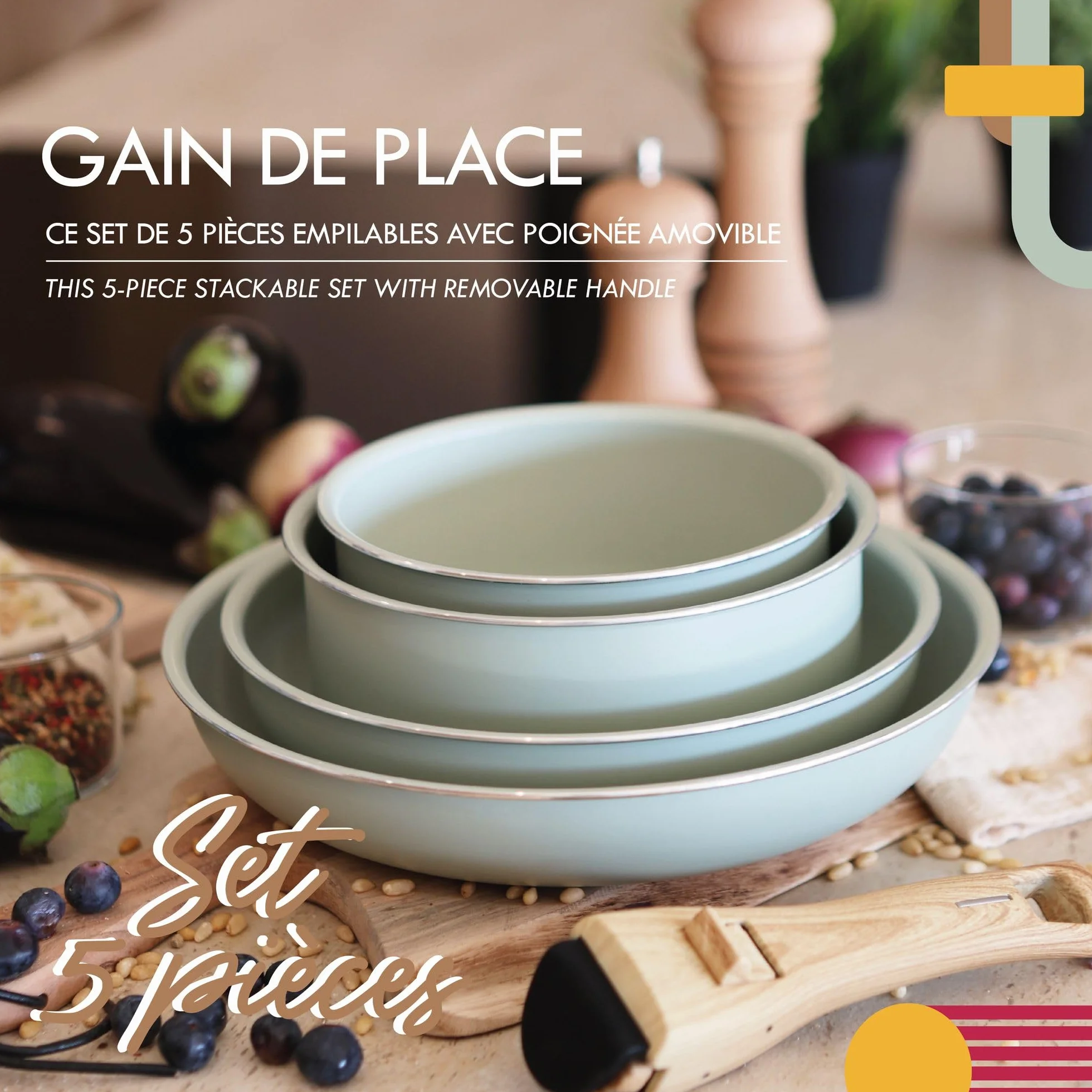 MENASTYL Batterie de Cuisine Amovible Empilable Tous Feux Induction Revêtement Céramique Antiadhésif sans PFAS 2 Poêles 2 Casseroles Poignée