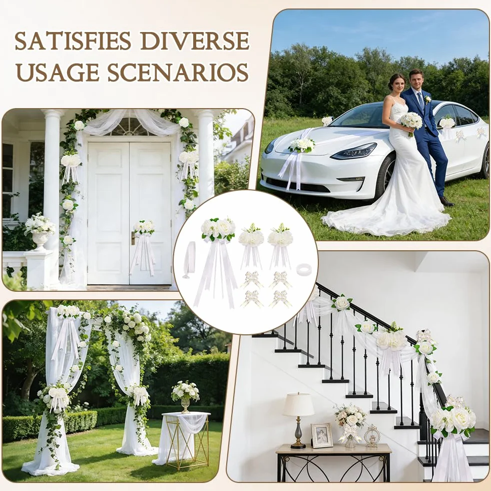 Déco Voiture Mariage Kit Décoration 3 Roses 4 Nœud 1 Tulle Ruban Adhésif