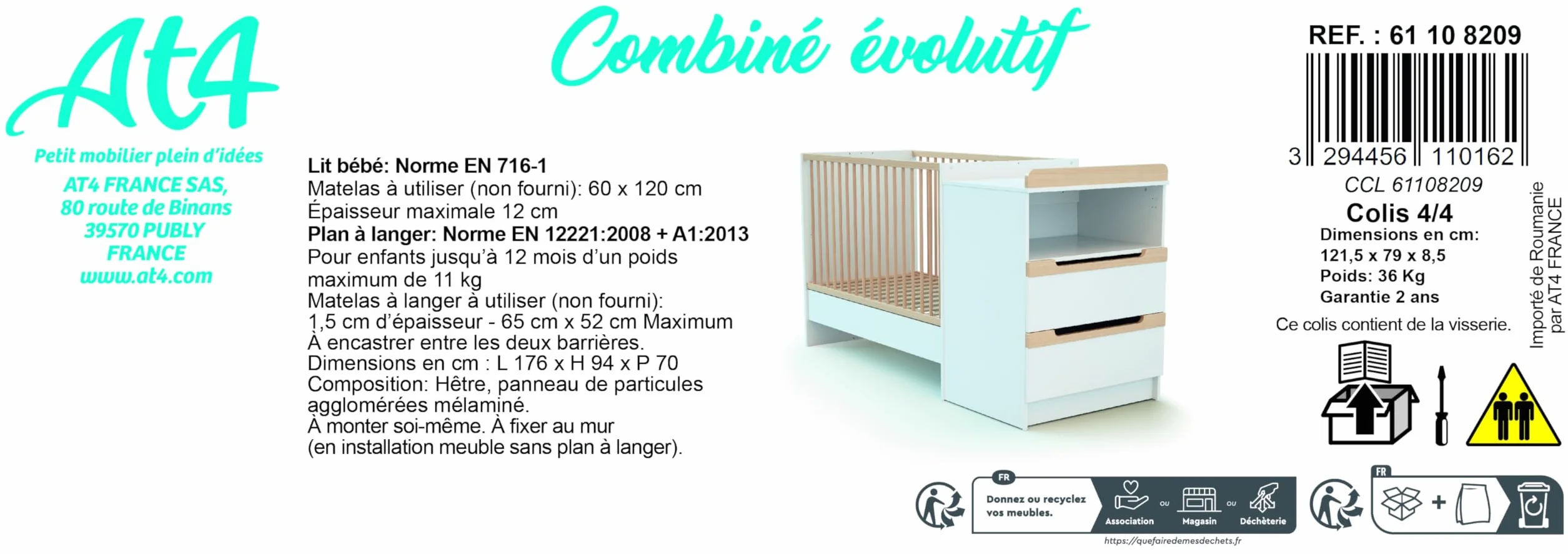 Lit Combiné Evolutif Carrousel Blanc et Hêtre Verni 60 x 120 cm Jurababy