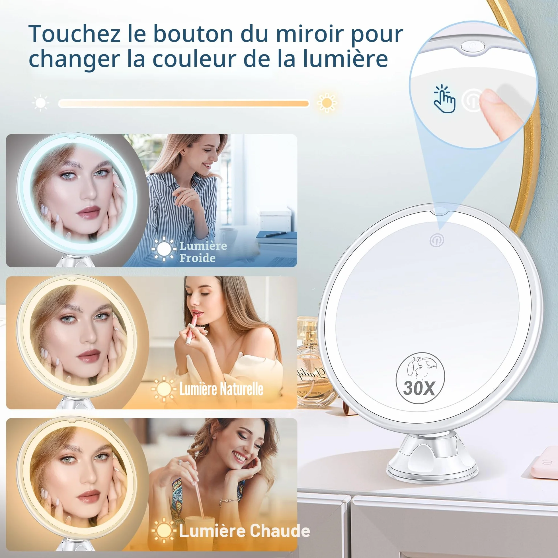 Miyadiva Miroir Grossissant 30X Lumière, Miroir Salle de Bain Ventouse 20cm, 3 Modes Couleurs Luminosité Ajustable