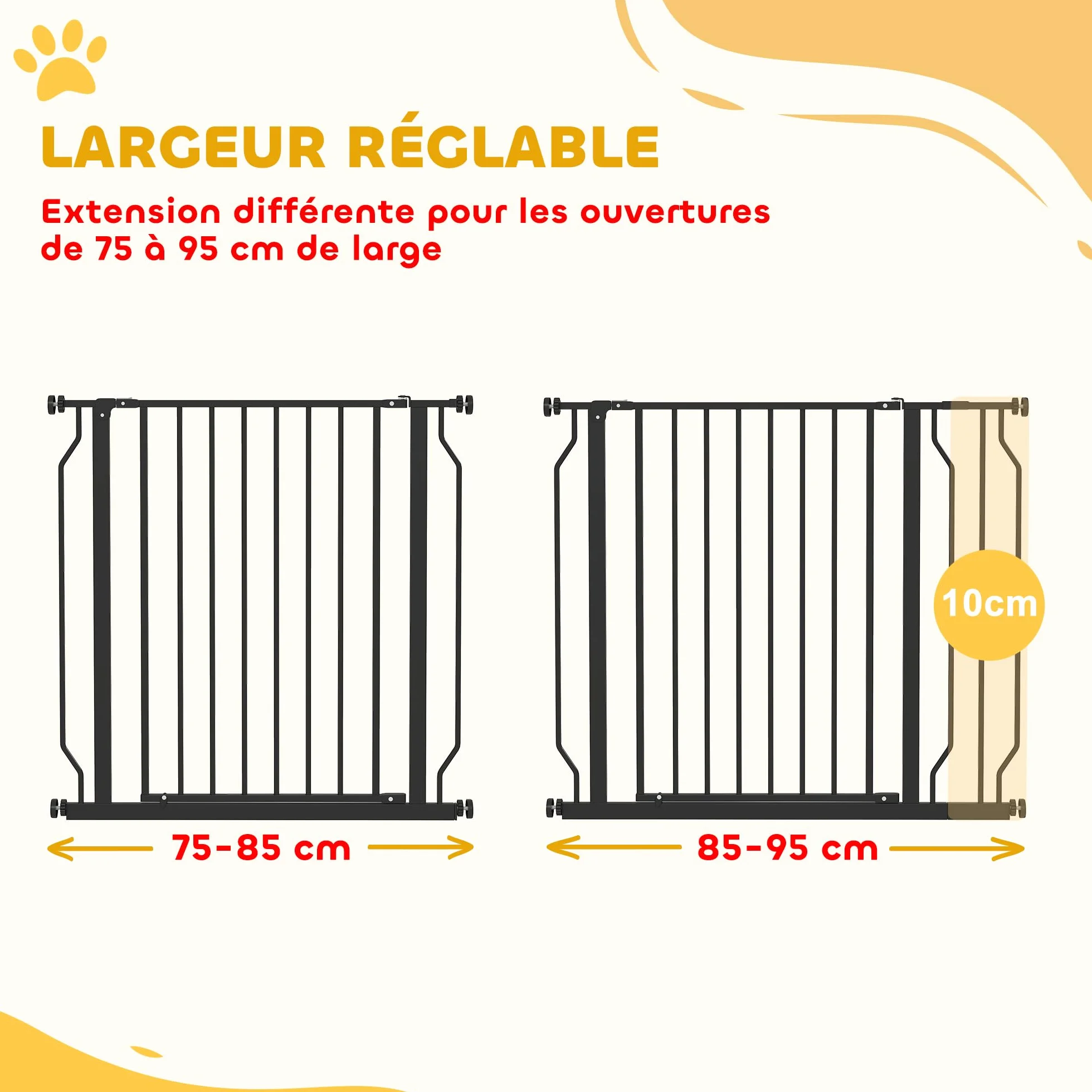 PawHut Barrière de sécurité Chien extensible 75-95 x 76 cm Acier ABS Noir