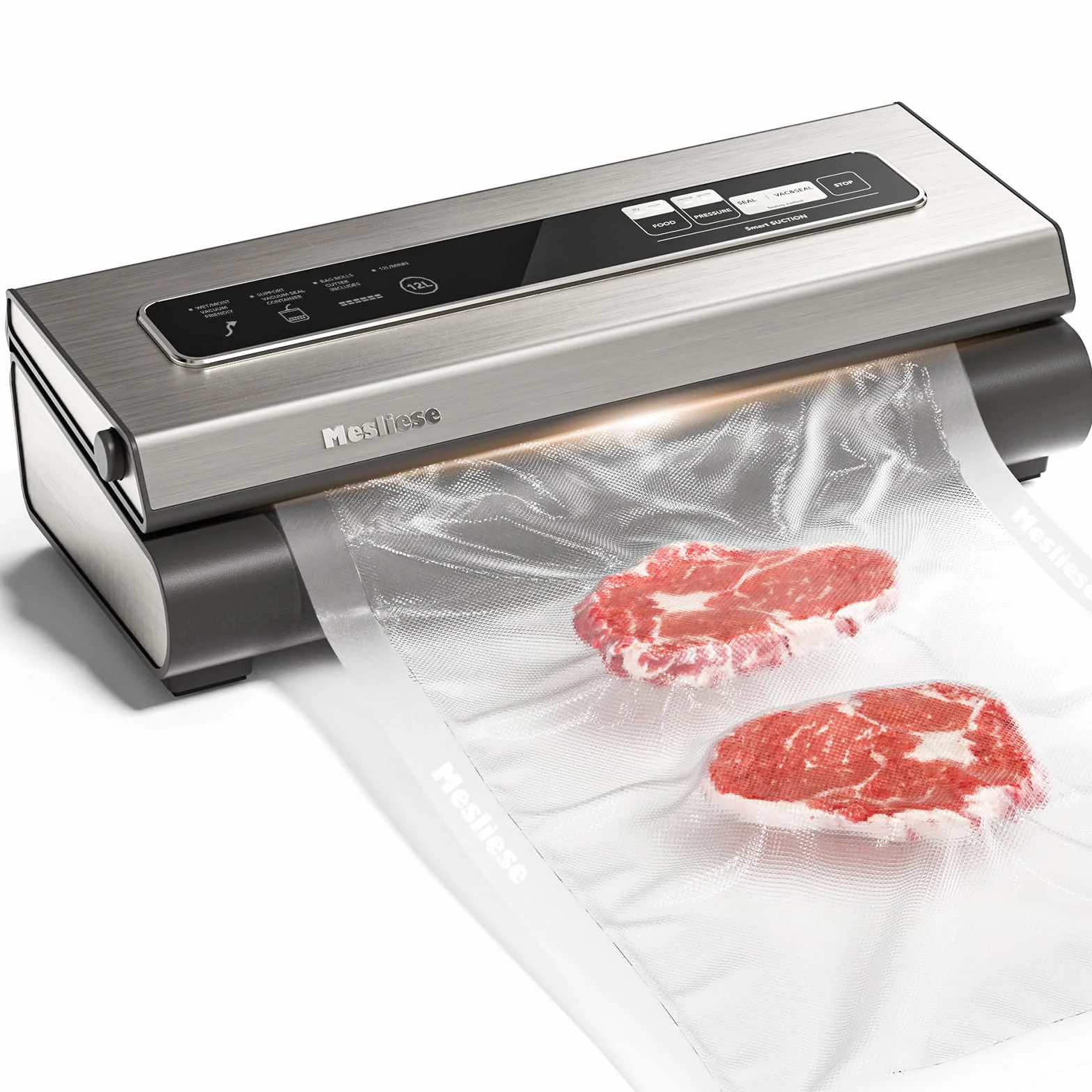 Machine Sous Vide Alimentaire 90Kpa 6-en-1 Compact, 2 Rouleaux Sac 5 Sacs Prédécoupés Modes Sec Humide Argent