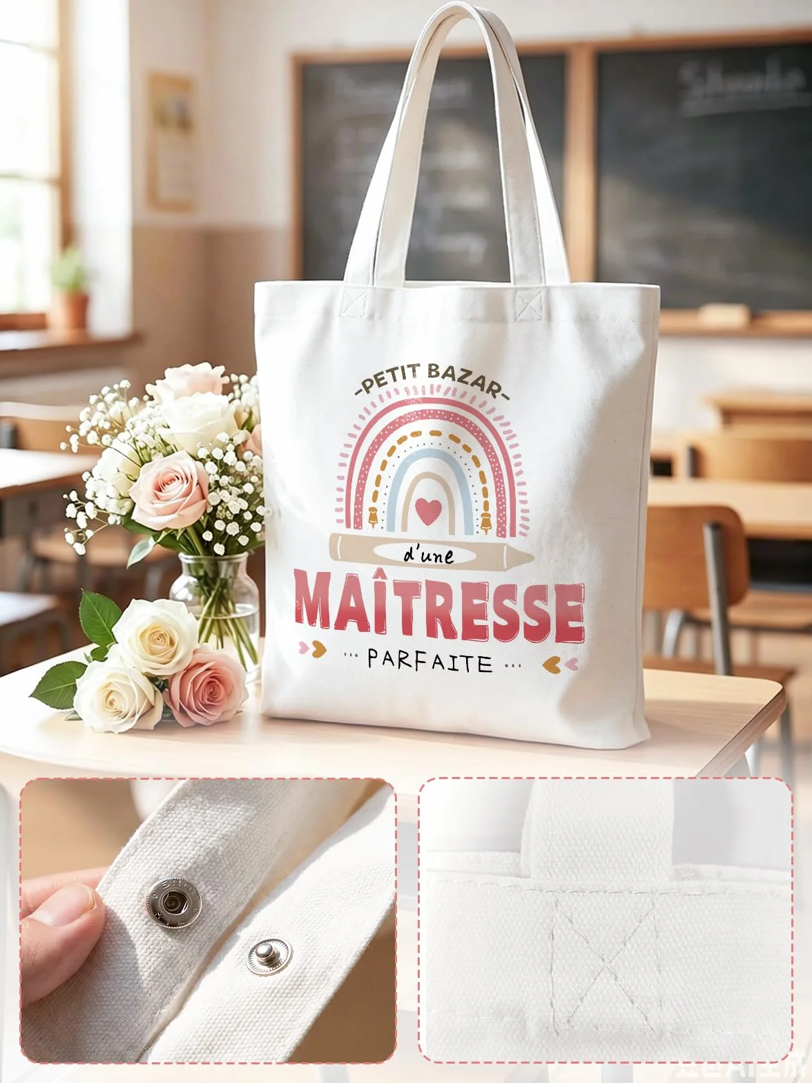 Sac Tote Bag Cadeau Maitresse D'école avec Porte Clés et Carte de Remerciement