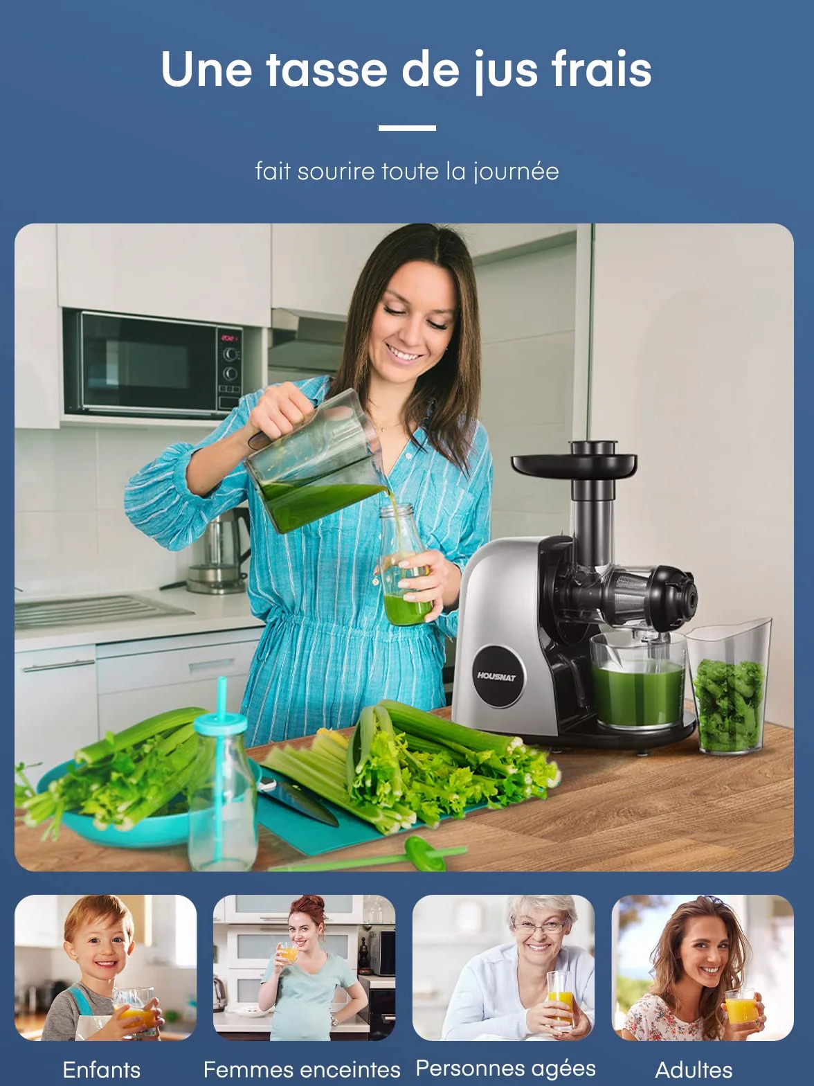 Extracteur de Jus de Fruits et Légumes, Slow Juicer Nutriments Maximaux 90% Pureté, Fonction Inverse