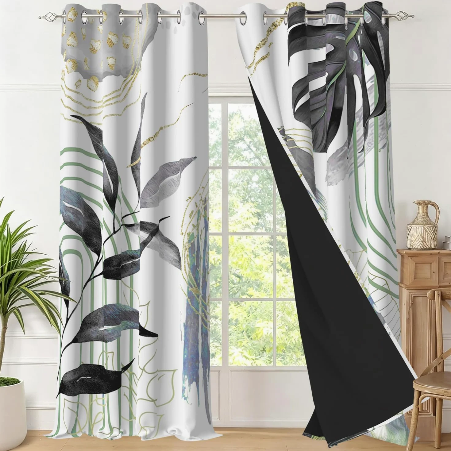 Rideaux Occultant Noir, Rideaux Occultant Tropical Boheme Feuilles de Palmier Rideau Thermiques Isolants Anti Froid et Chaleur Rideau à Oeillets pour Chambre Fenêtre, Lot de 2, 140x200cm