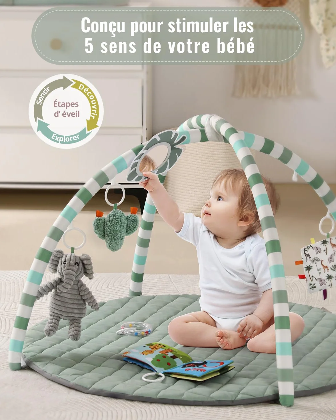 Blissful Diary Tapis d'Éveil Bébé avec Arche Amovible, 6 Jouets Sensoriels et Moteurs, Vert Sauge