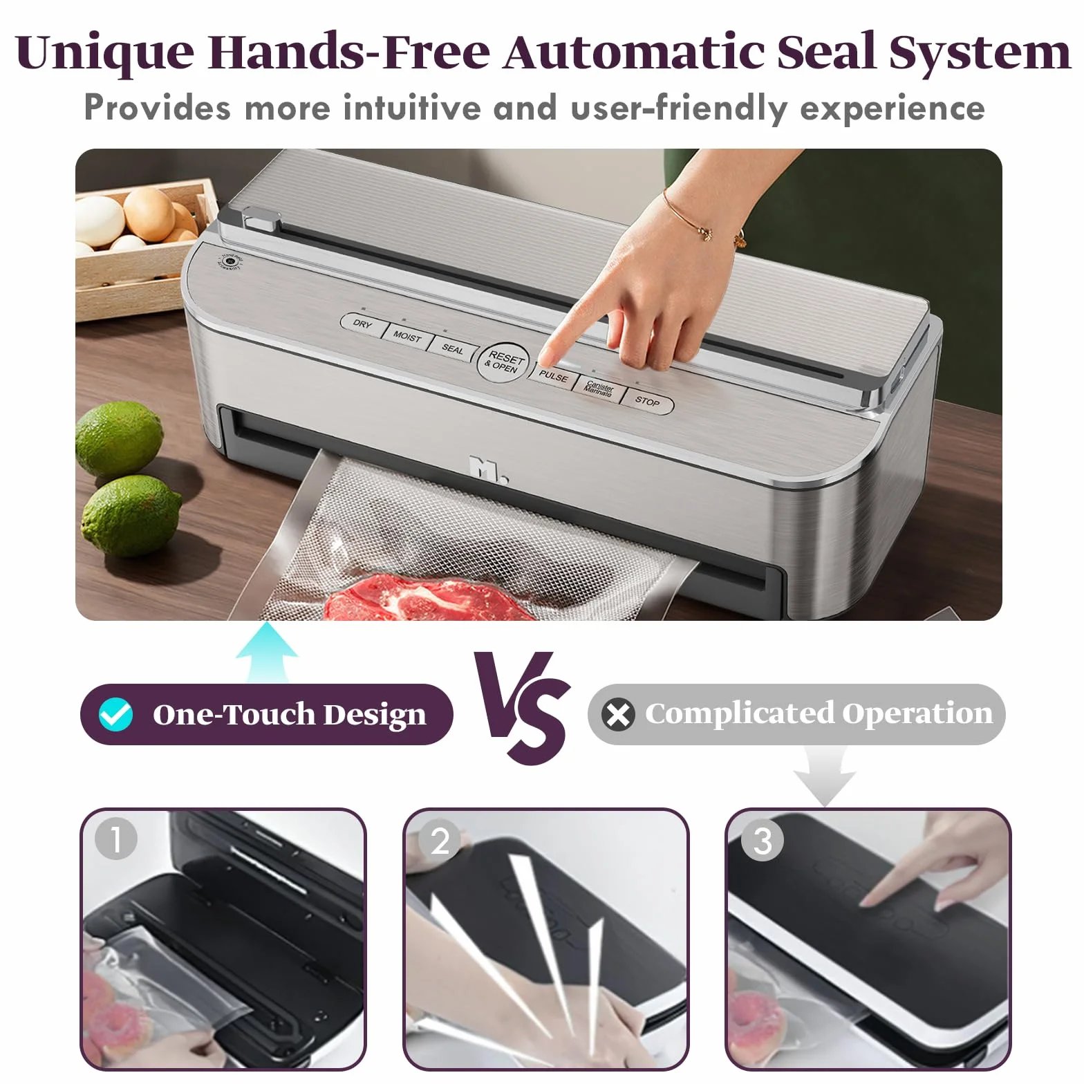 Machine Sous Vide Alimentaire 85 kPa 120 W, Système D'étanchéité Puissant, Cutter Intégré, Rangement de Sacs, Mode Humide, 2 Rouleaux de Sac, Acier inoxydable