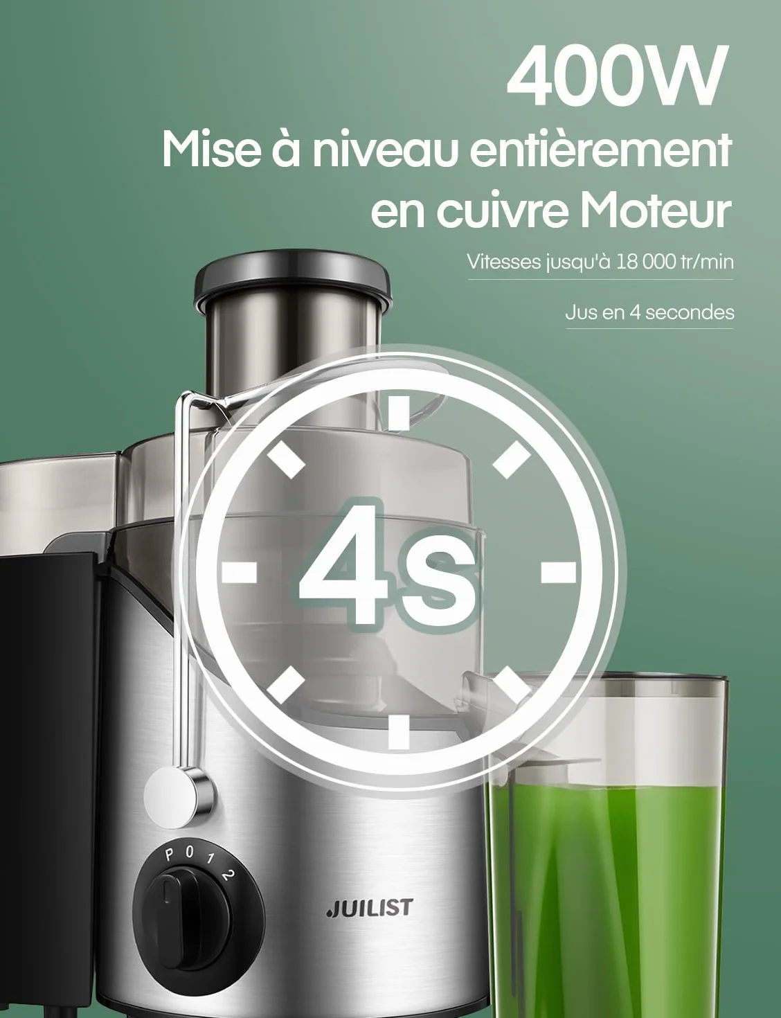 JUILIST Centrifugeuse Extracteur de Jus, Goulotte 65 mm, 3 Réglages, Sans BPA