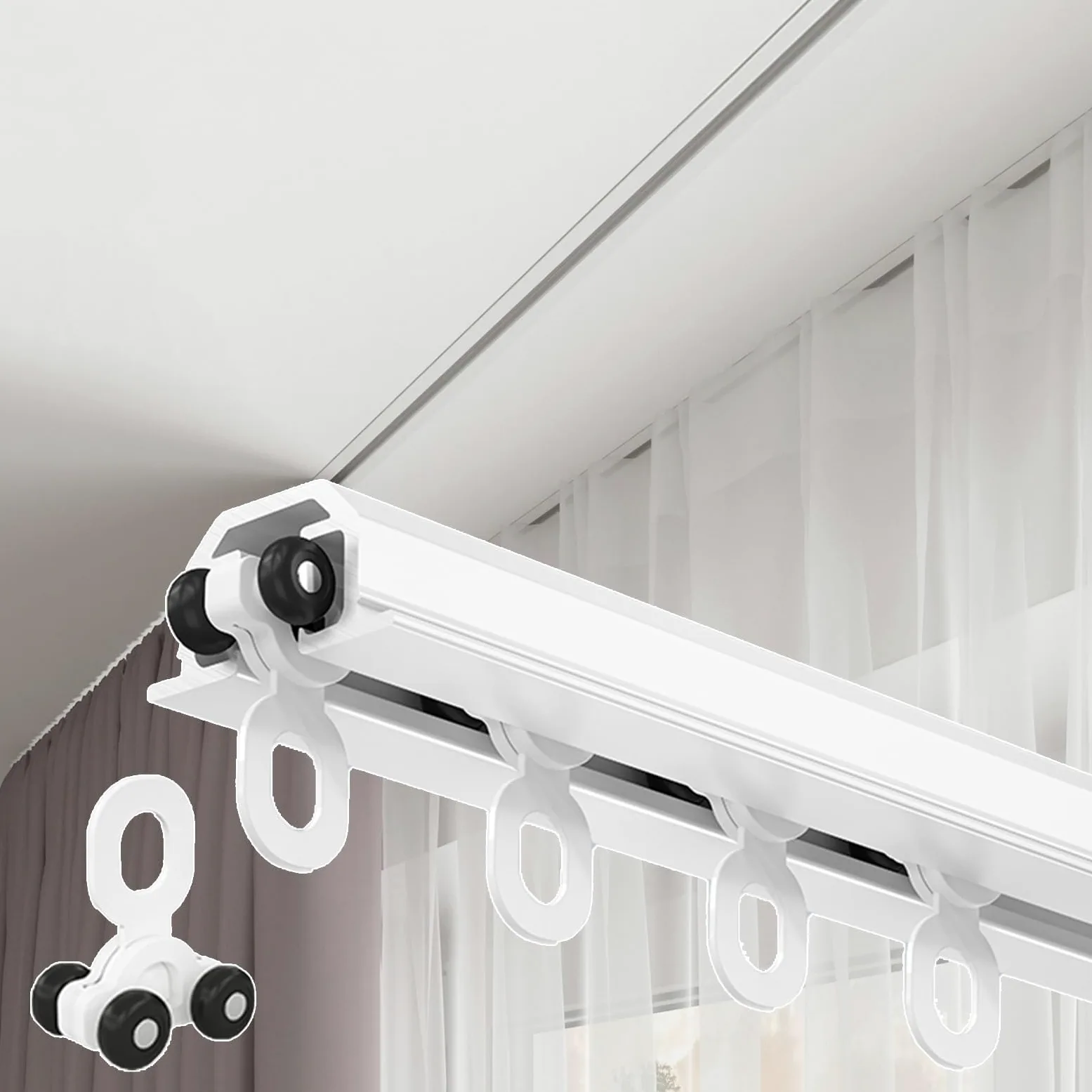 Rail de Rideau Encastré Caché - Rail Rideaux Plafond Ultra-Fin de 16 mm en Aluminium avec Poulie Silencieuse, 1-6 m Tringle à Rideau Separation de Piece pour Chambre Salon Hôtel(Blanc,6m(19.7ft))