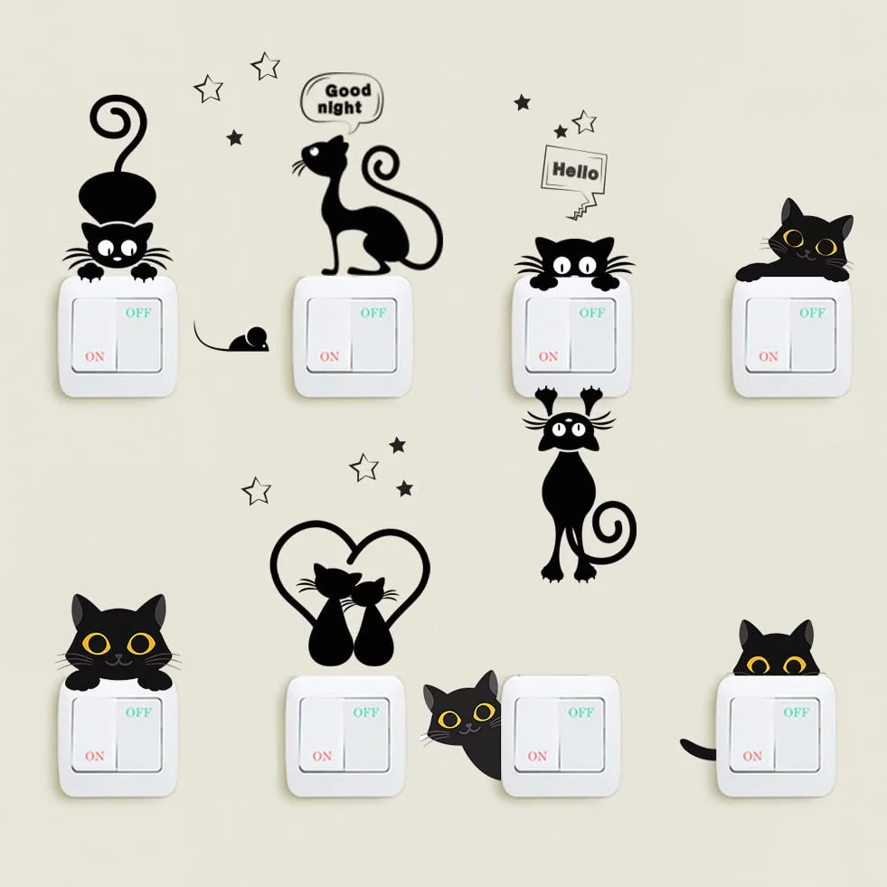 Autocollants Interrupteur Lumière Chat Animaux Rigolos Muraux Chambre Salon 16 Pièces