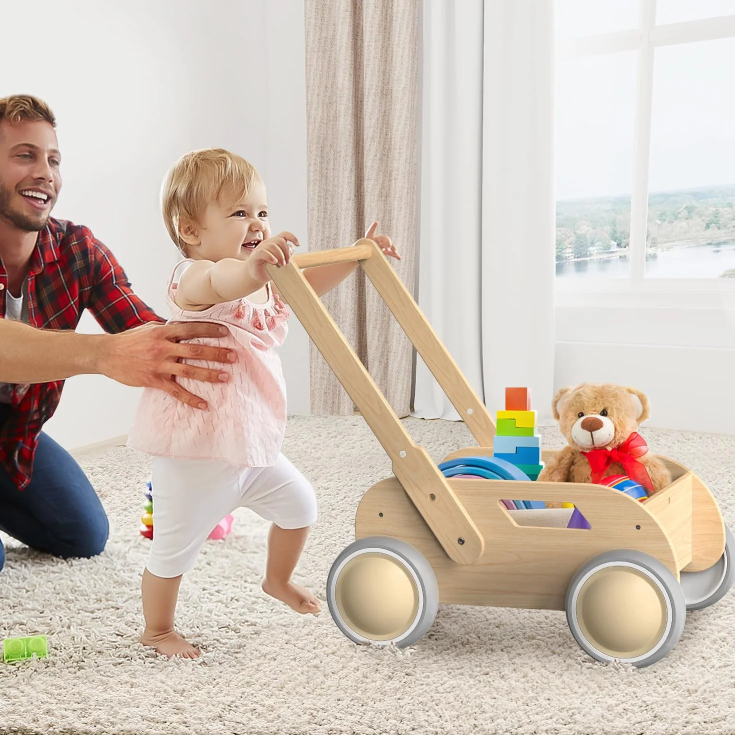 Trotteur Bébé en Bois, Chariot de Marche pour Garçons et Filles, Baby Walker avec Roues, Cadeau Anniversaire Noël