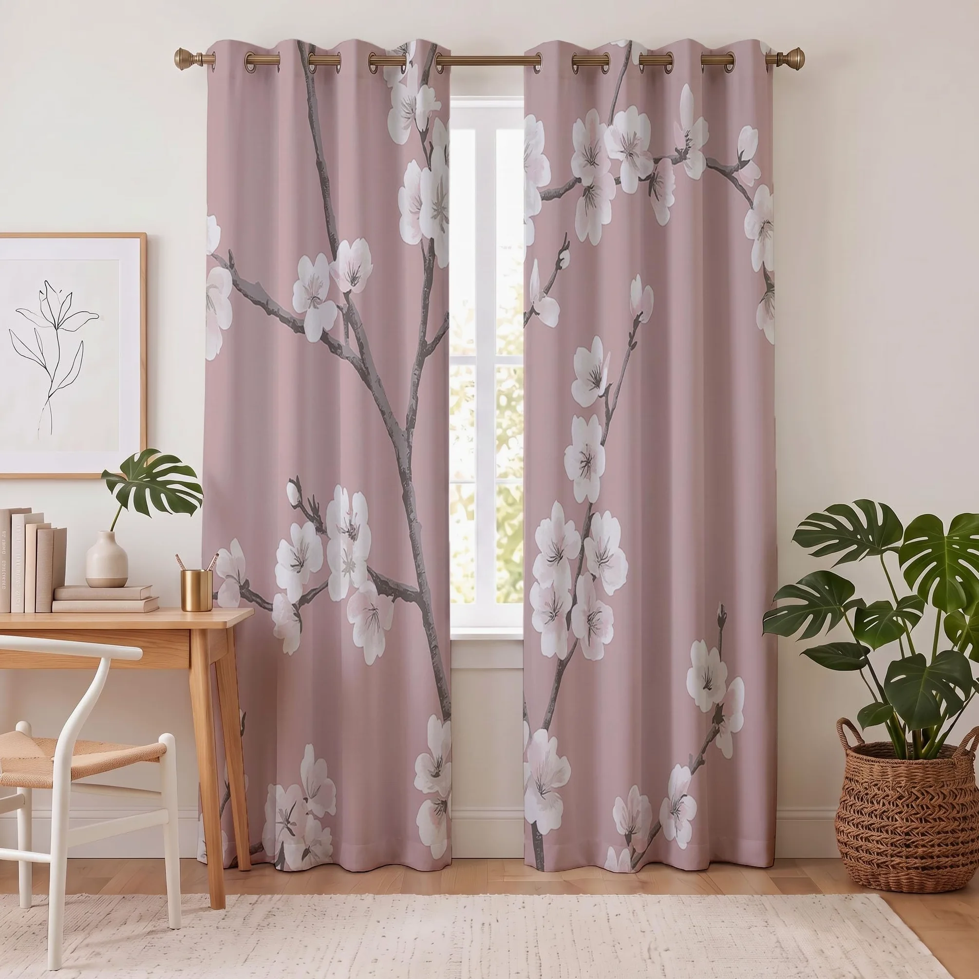 Rideau Cerisiers En Fleurs Japonais Chambre, 2 Pièces 140X160 Cm (Lxh) | Rideaux Occultant Fleurs Élégantes Branches Salon, Thermique Oeillets Fenêtre Decoration, Opaque Draperies Rose