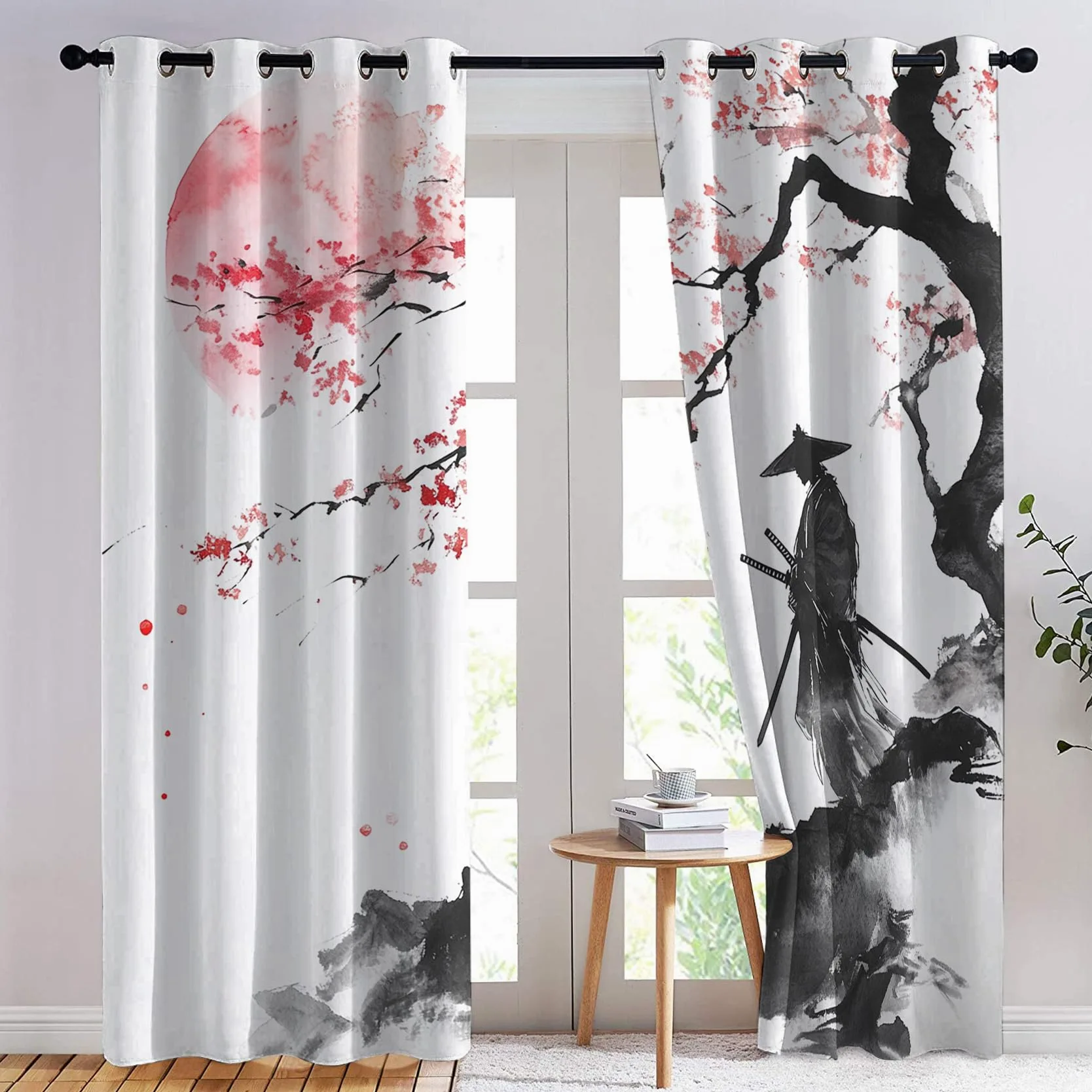 Rideau Occultant Japonais - Décoration Japonais, Rideau Thermique Motif Fleur de Cerisier Samouraï, Lot de 2 Rideaux Opaque à Oeillets pour Fenetre Chambre Salon, 140x240 cm (LxH)