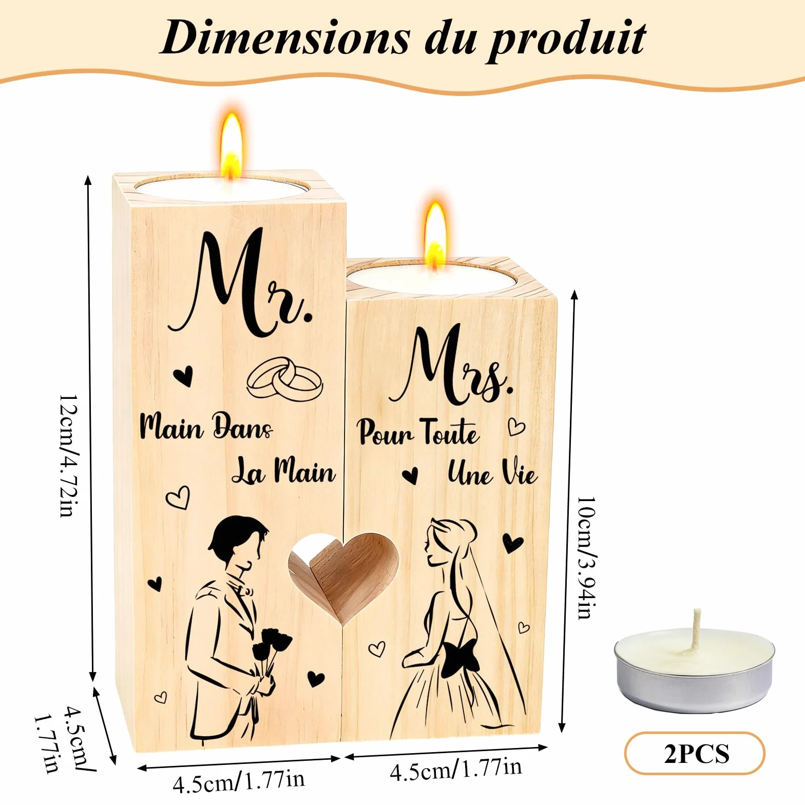 Cadeau Mariage Personnalisé - Mr Mrs Candélabre en Bois pour Couple Marié