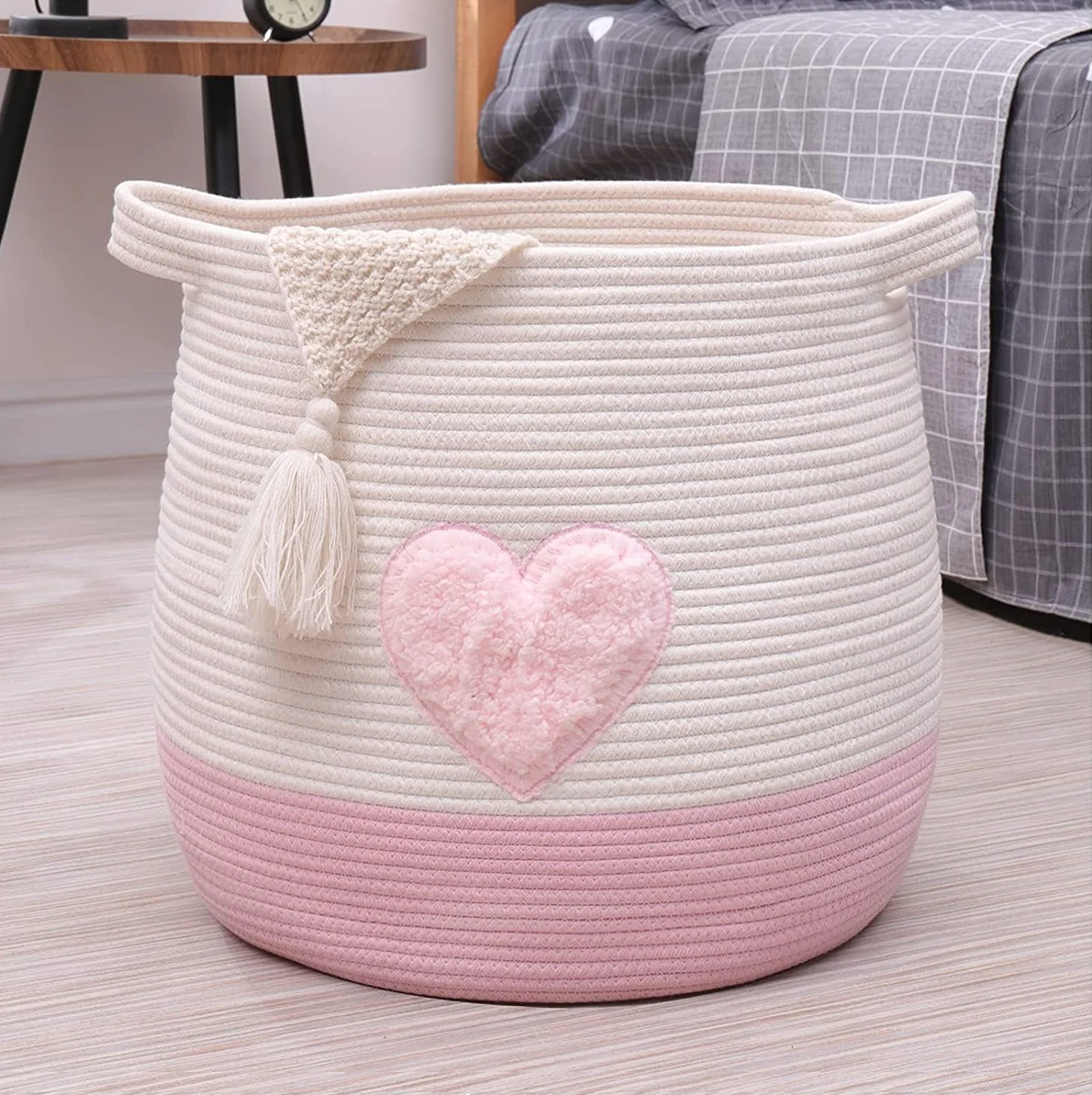Grand panier en corde de coton tissé rond avec poignées D45xH43 cm rose pour rangement jouets linge couvertures
