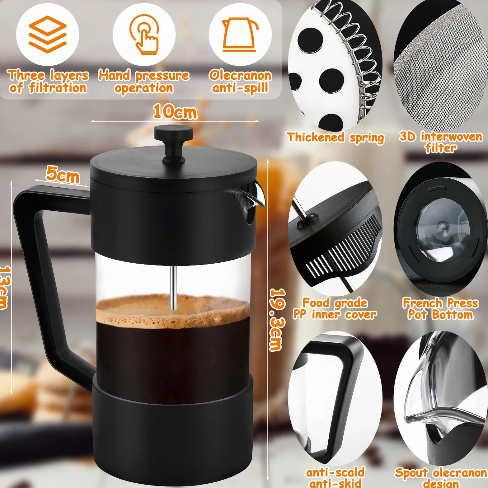 Cafetière à Piston French Press 1000 ml Verre Borosilicate Triple Filtres Acier Inoxydable Noir