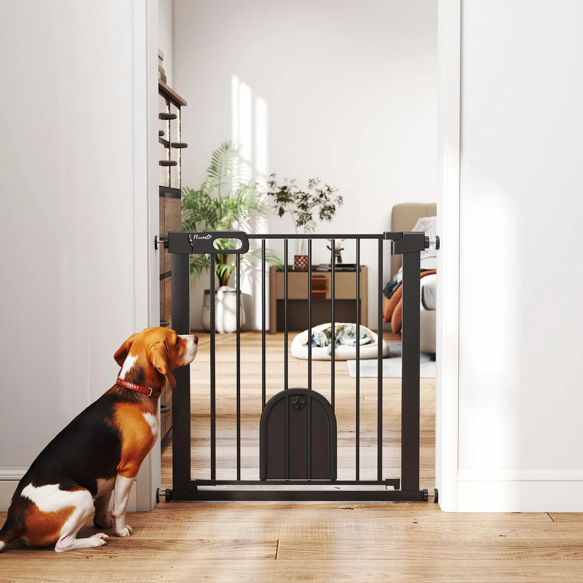 PawHut Barrière de sécurité Animaux 76H cm Chien Chat Porte Fermeture Automatique Double Verrouillage Fixation Pression 75-82 cm Acier ABS Noir