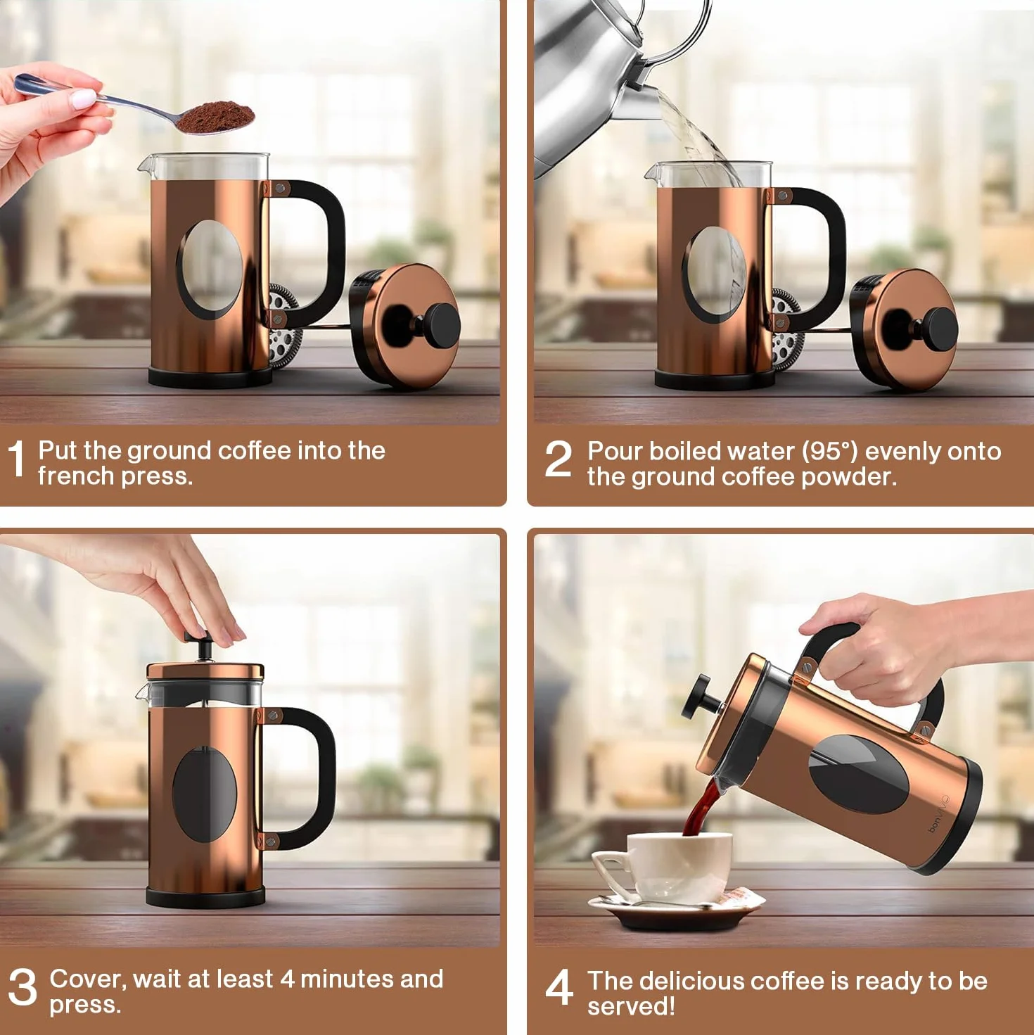 BonVIVO Cafetière à Piston 1L Inox Verre Thermorésistant French Press avec Filtres de Rechange Finition Cuivre