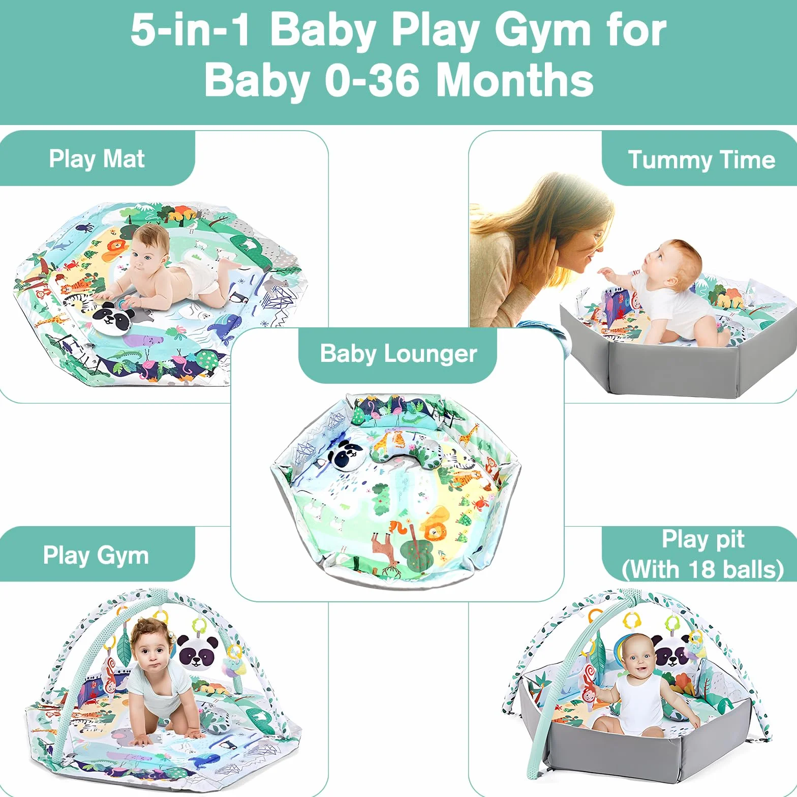 Tapis de jeu multifonctionnel pour nouveau-nés avec 8 jouets sensoriels détachables, facile à nettoyer, Tapis d'éveil et de jeux éducatif à jouer pour bébés à partir de 0 mois（Vert）