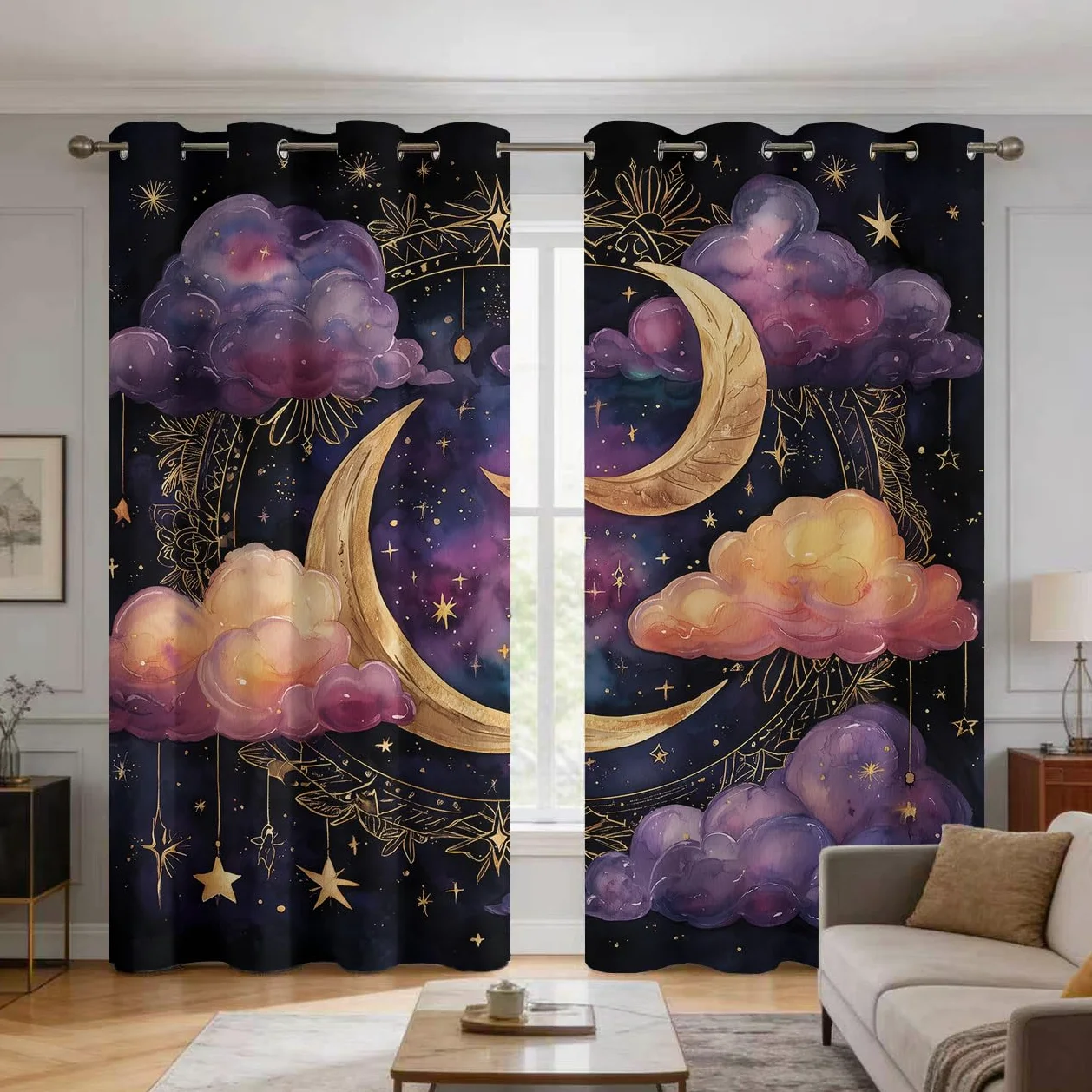 Générique Rideau Occultant Nuage Lune, Lot de 2 75x166(LxH) | Rideaux Thermiques Motif Étoile Ciel Nocturne pour Decoration Chambre Salon, Draperies Intérieurs à Oeillets E8029