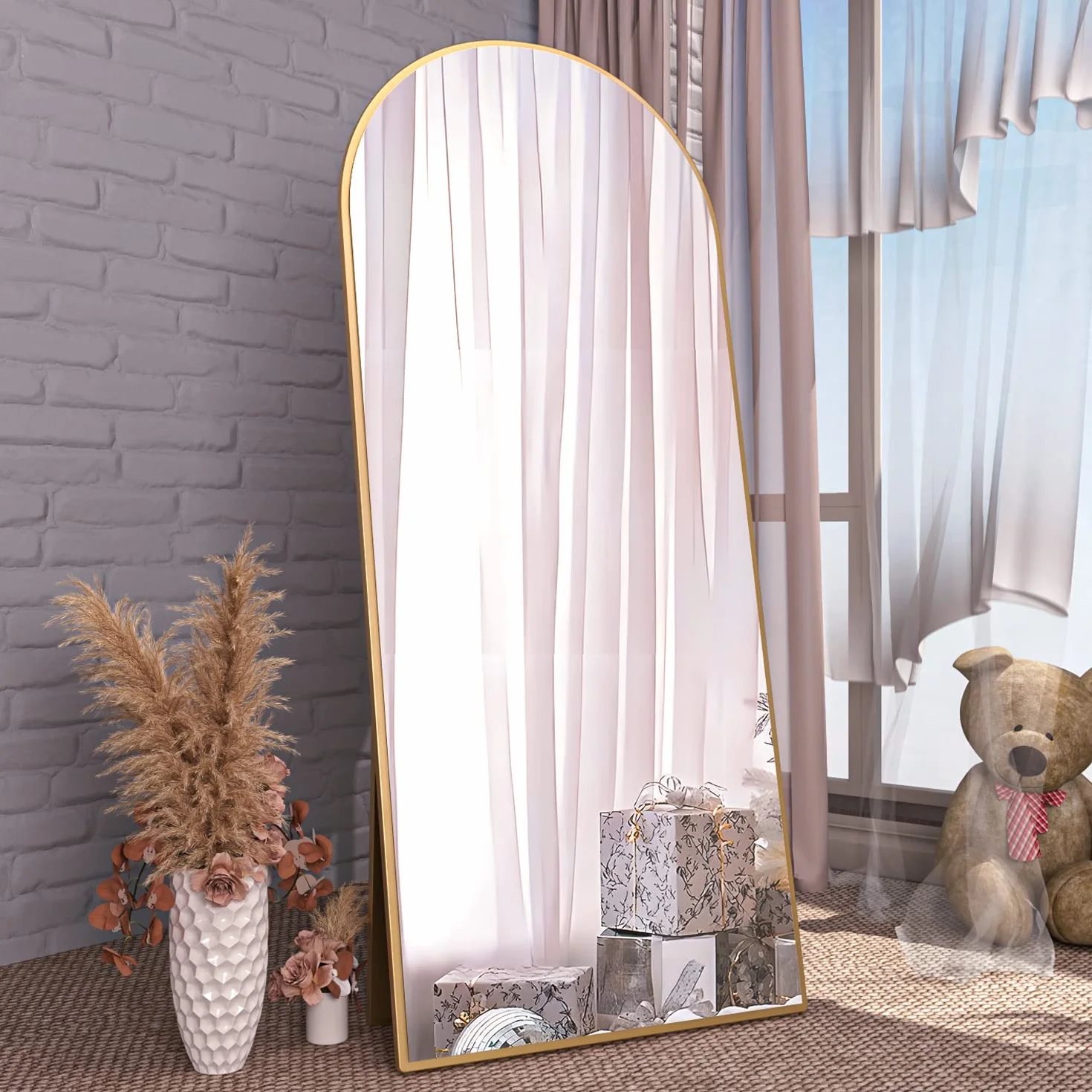 Miroir de Sol Arqué 165 x 60 cm Doré avec Support Mural pour Chambre, Entrée, Salon