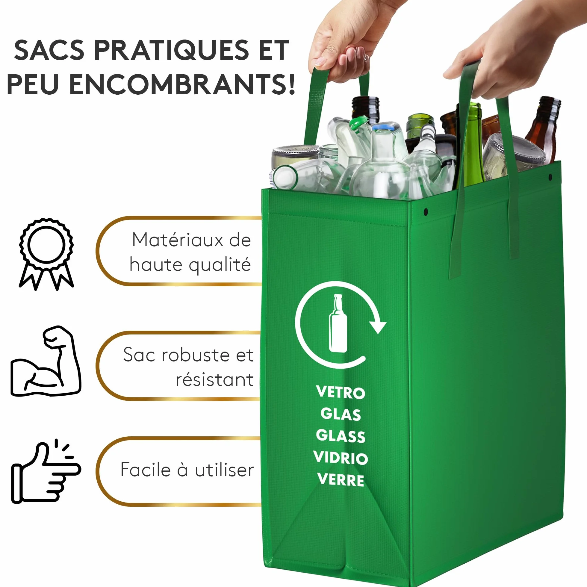 Sac tri selectif 3 bac poubelle tri verre papier plastique flexible avec poignée recyclage
