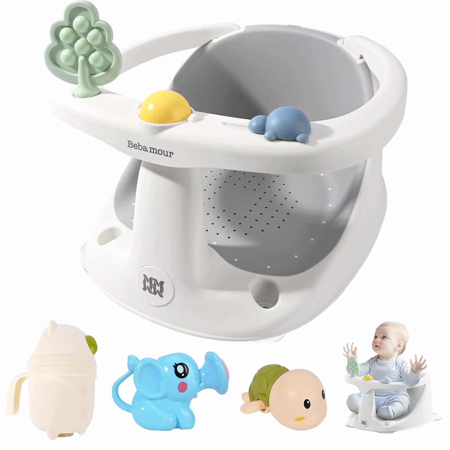 Bebamour Siège de bain bébé 6 mois+ Antidérapante Baignoire avec Jouets Pot à eau