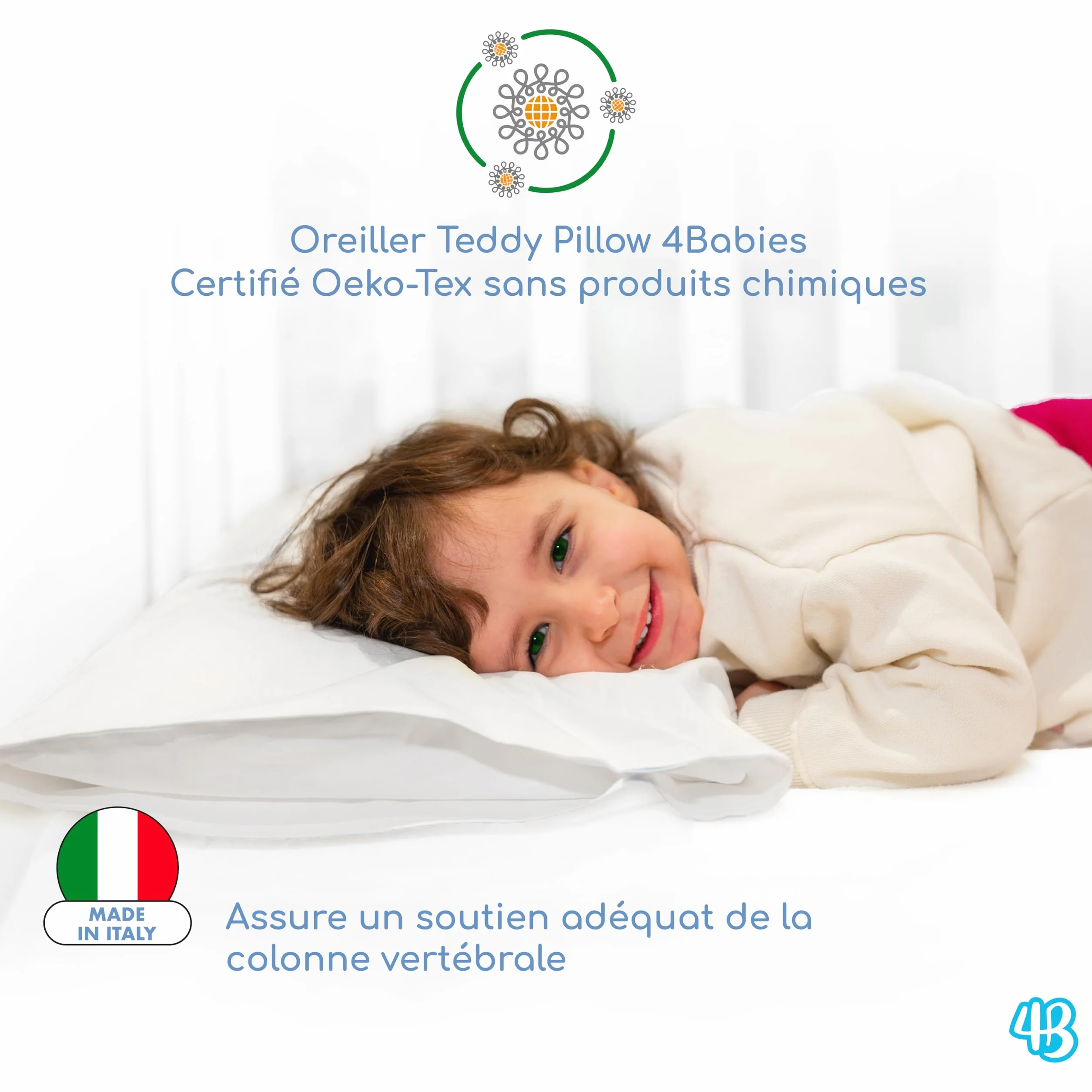 Oreiller Enfant 40x60 Coton 100% Italien Respirant Hypoallergénique Anti-acarien