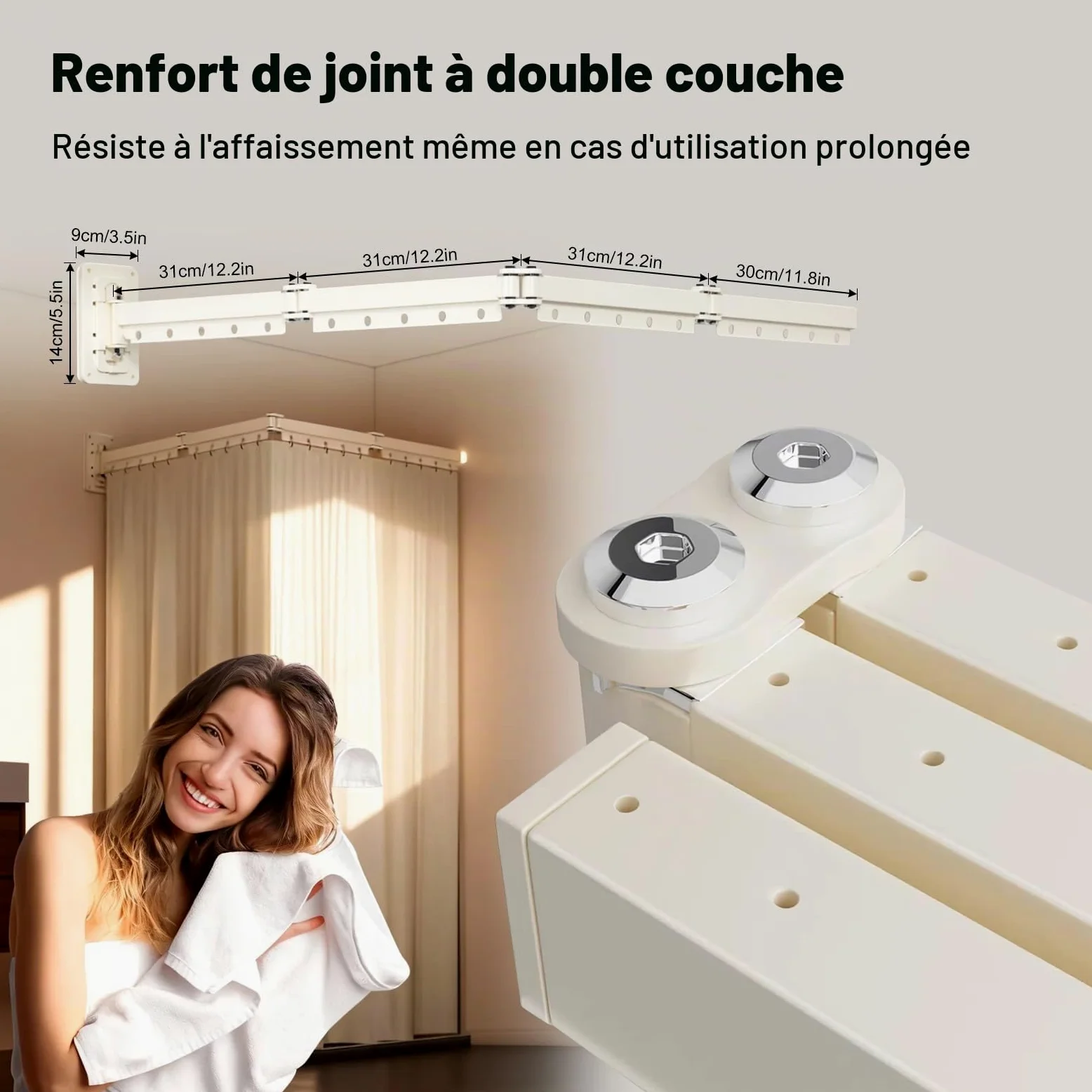 Tringle à Rideau de Douche Pliable Avec Rideau de 180 Cm,Blanc crème | Adaptée Aux Baignoires Ou Aux Douches, Pare Baignoire Sans Percage